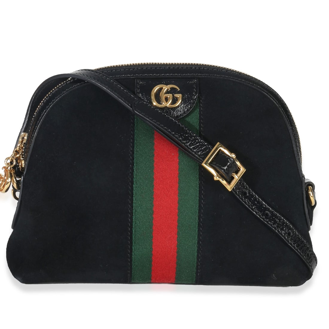 Gucci Ophidia Small Black Suede Dome Crossbody Bag: Gucci Ophidia Small Black Suede Dome Crossbody Bag This Gucci Black Suede Patent Web Small Ophidia Dome Bag features a sleek dome silhouette crafted from black suede with gold-tone hardware. It offers