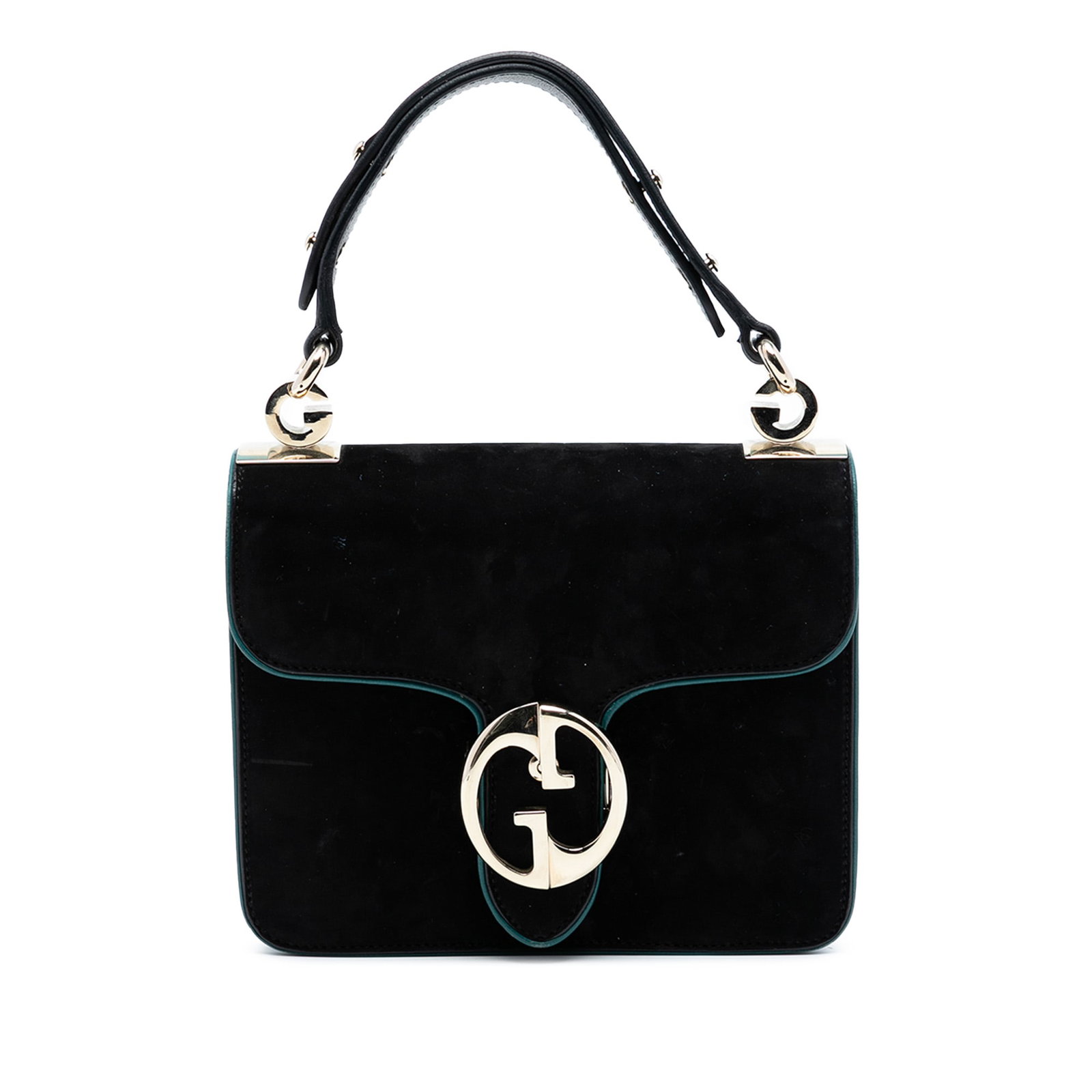 Gucci 1973 Black Nubuck Leather Flap Top Handle Bag: Gucci 1973 Black Nubuck Leather Flap Top Handle Bag This Gucci 1973 Flap Handbag features a nubuck leather exterior in black, a flat top handle, a front flap with a magnetic closure, and interior zip 