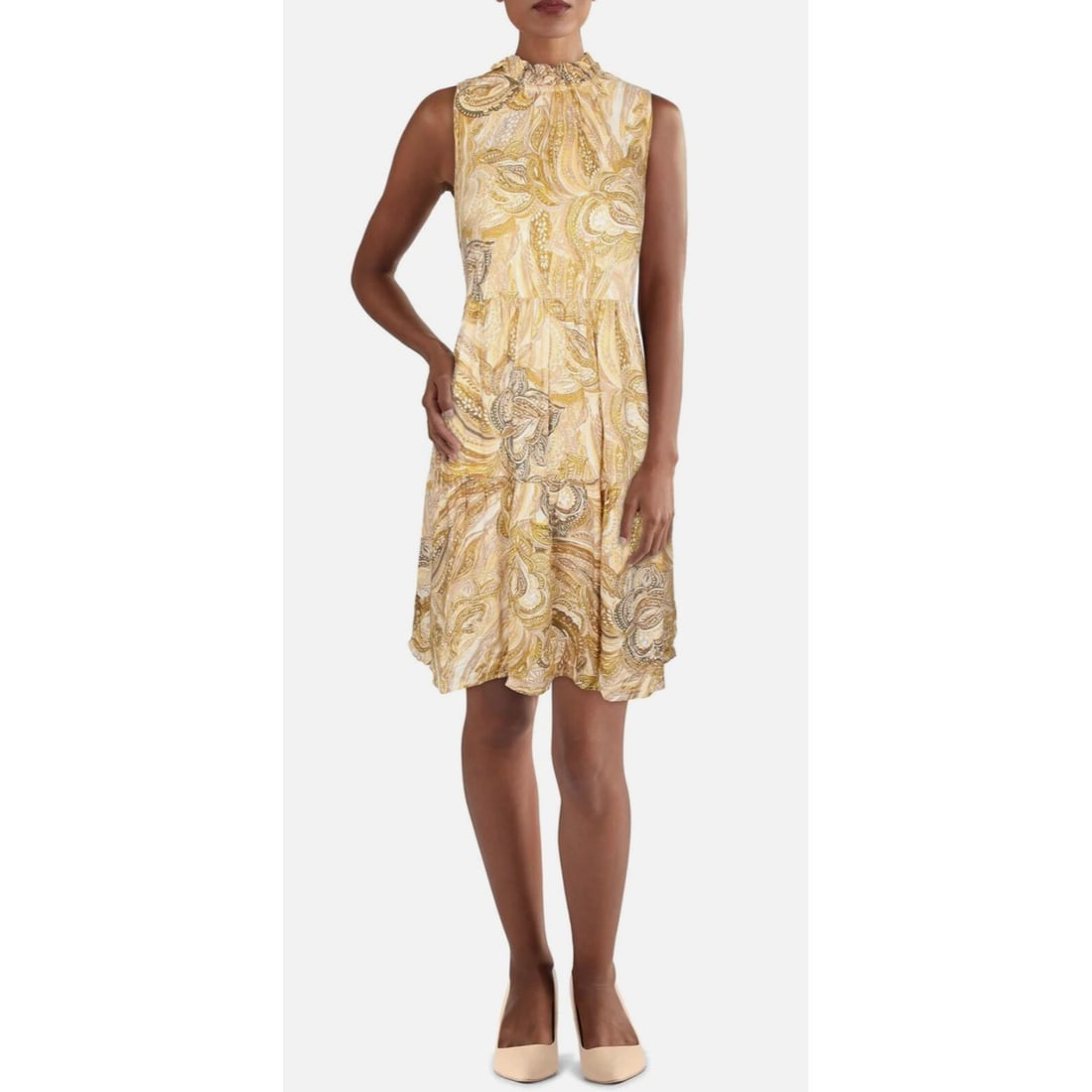 Calvin Klein Gold Paisley Mini Sleeveless Sheath Dress Size 4: Calvin Klein Gold Paisley Mini Sleeveless Sheath Dress Size 4 Elevate your wardrobe with this stunning Calvin Klein Women's Paisley Mini Sleeveless Sheath Dress in a luxurious gold hue. Designed for f