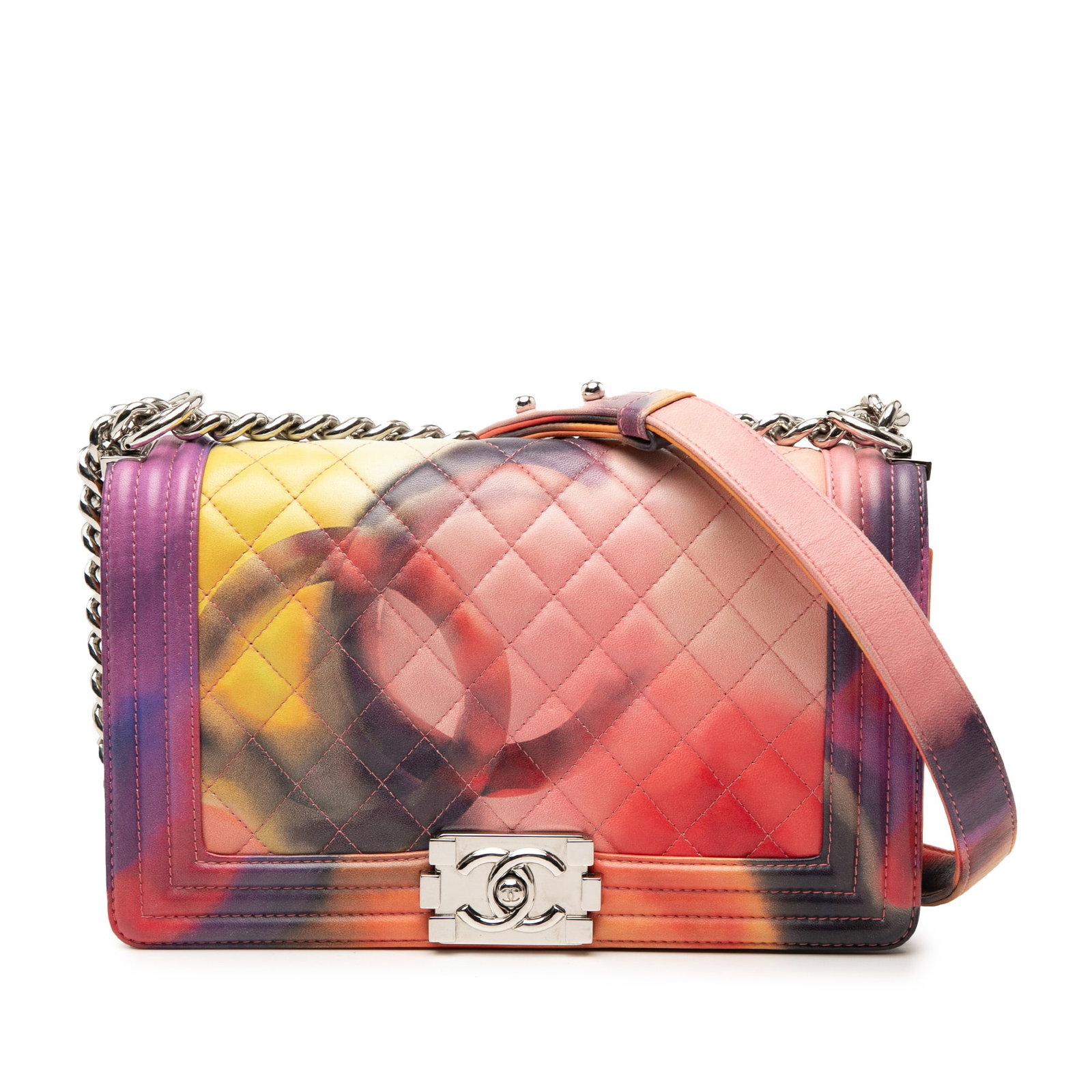 Chanel Flower Power Boy Flap Quilted Lambskin Pink Bag: Chanel Flower Power Boy Flap Quilted Lambskin Pink Bag This Chanel Old Medium Quilted Lambskin Flower Power Boy Flap bag features a quilted lambskin leather exterior in pink, complemented by a curb ch