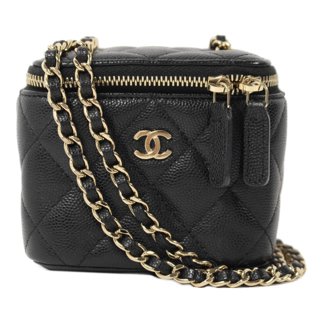 CHANEL Vanity Case Black Calfskin Chain Shoulder Bag GHW: CHANEL Vanity Case Black Calfskin Chain Shoulder Bag GHW This CHANEL CC vanity case chain shoulder bag features luxurious black calfskin leather and gold-tone hardware. Designed for women, it offers a