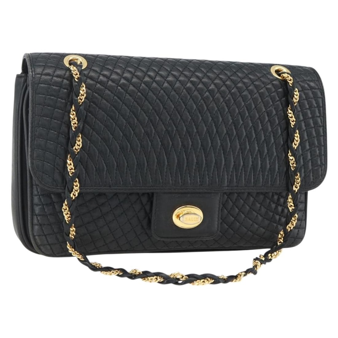 BALLY Navy Gold Leather Quilted Chain Shoulder Bag: BALLY Navy Gold Leather Quilted Chain Shoulder Bag This BALLY quilted chain shoulder bag is crafted from navy leather with gold accents. Designed for women, it features a spacious main compartment, ad