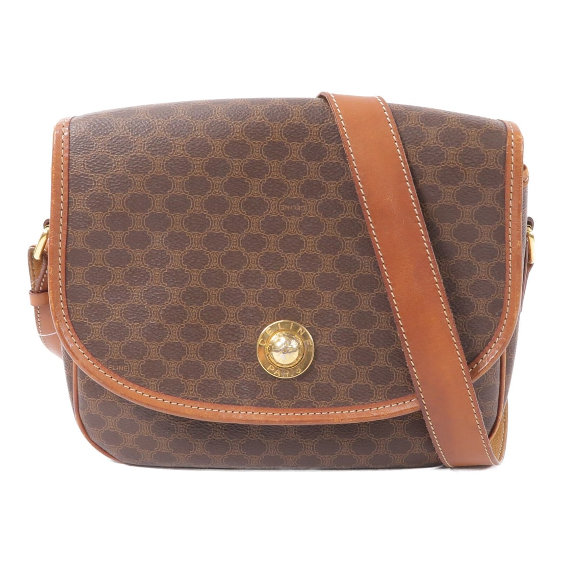 CELINE Macadam Starball Brown Coated Canvas Shoulder Bag: CELINE Macadam Starball Brown Coated Canvas Shoulder Bag This vintage CELINE shoulder bag features the iconic Macadam Starball pattern in brown PVC coated canvas. Designed with gold-tone hardware and 
