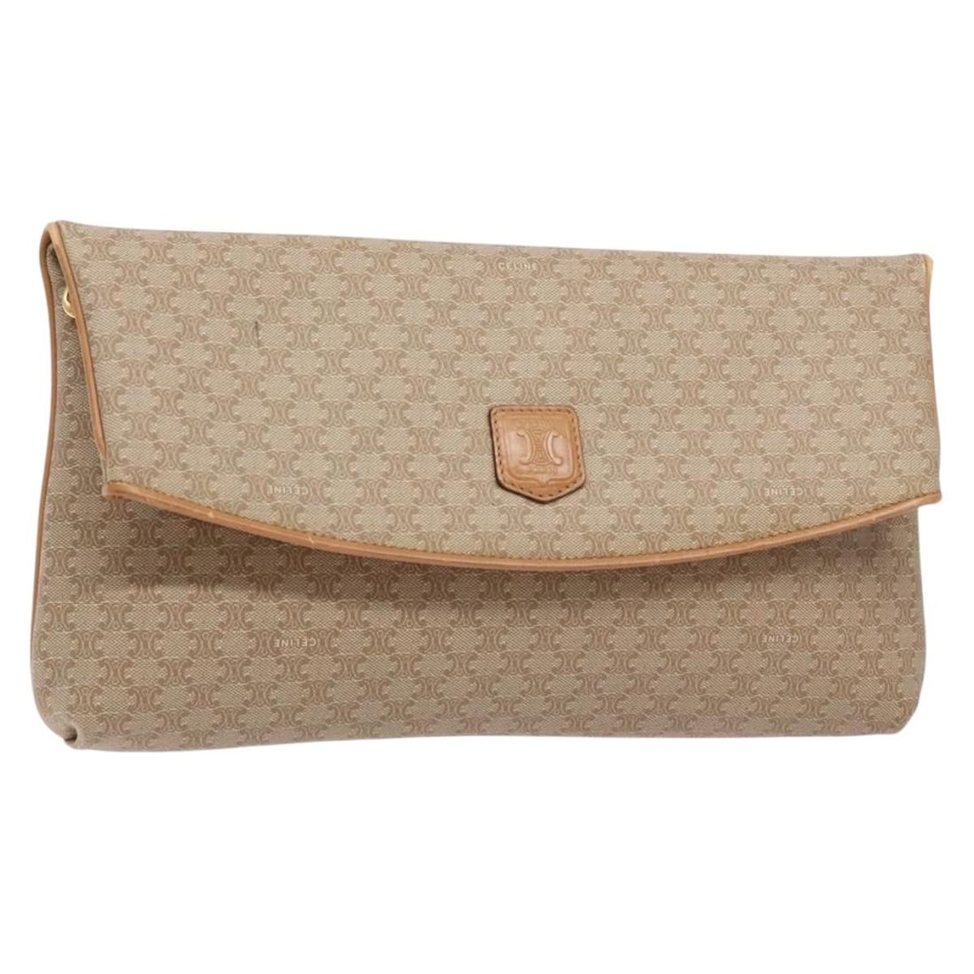 Celine Macadam PVC beige gold clutch 11.8 x 6.7 x 1.2 inch: Celine Macadam PVC beige gold clutch 11.8 x 6.7 x 1.2 inch This CELINE Macadam Canvas clutch bag features a beige and gold PVC leather exterior with the iconic Macadam pattern. Designed for women, the