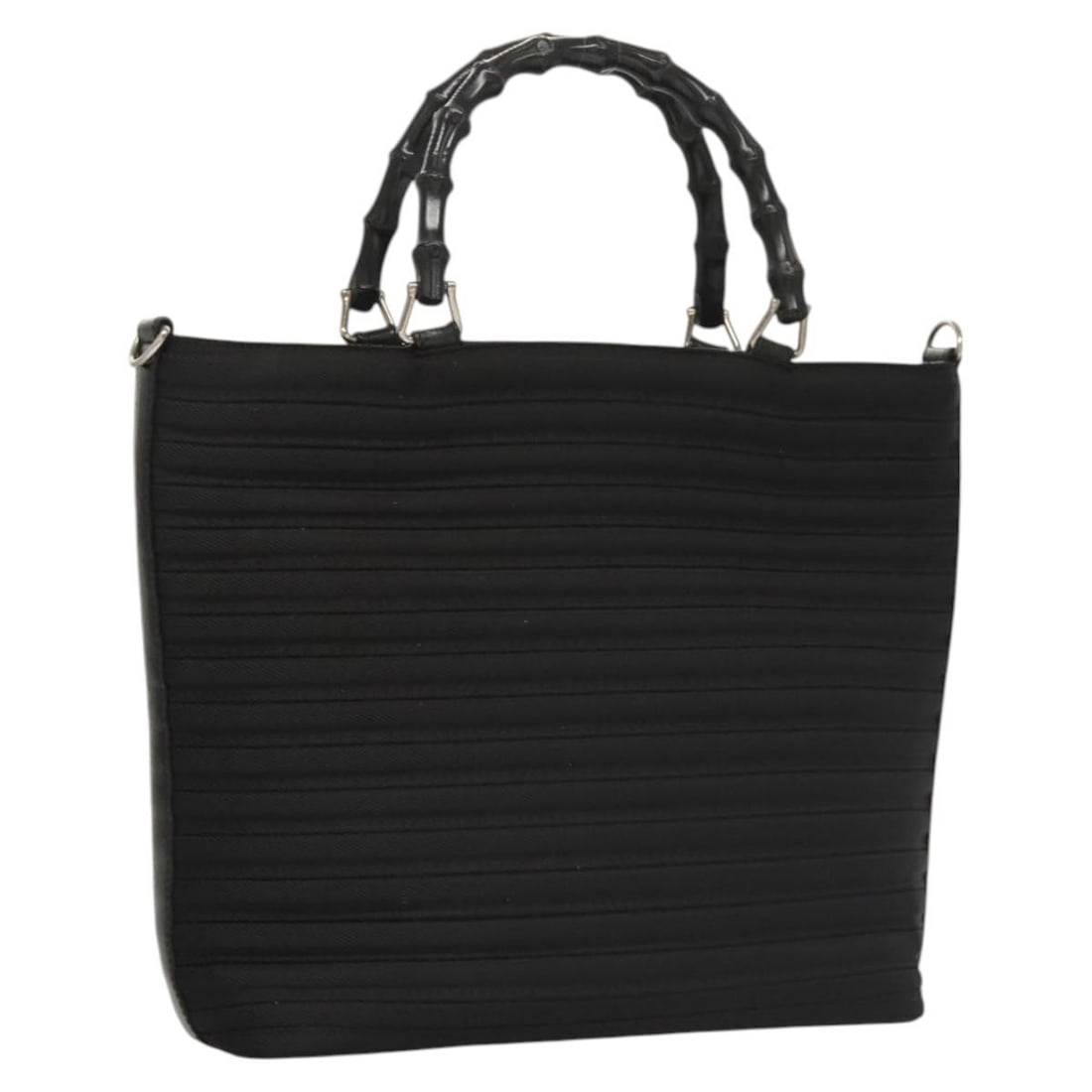 Gucci Bamboo Nylon Black Silver Handbag 2way 000 1998 0588: Gucci Bamboo Nylon Black Silver Handbag 2way 000 1998 0588 This is a GUCCI Bamboo 2-way handbag crafted from black and silver nylon. Made in Italy, it features a compact design with a bamboo-style han