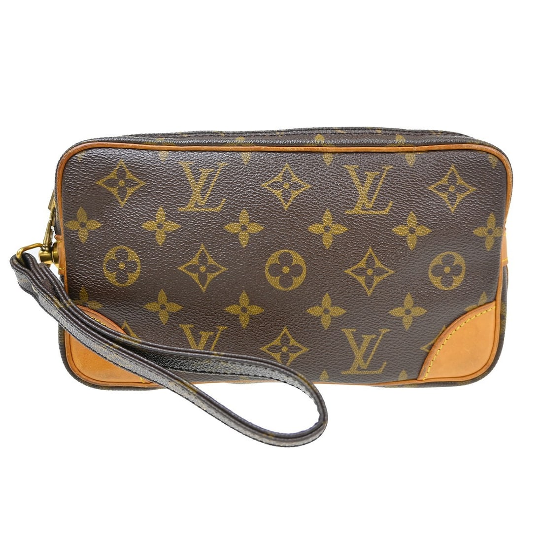 Louis Vuitton Marly Dragonne PM monogram leather clutch bag: Louis Vuitton Marly Dragonne PM monogram leather clutch bag This Louis Vuitton Marly Dragonne PM clutch bag features the iconic monogram pattern on brown leather, complemented by gold-tone hardware an