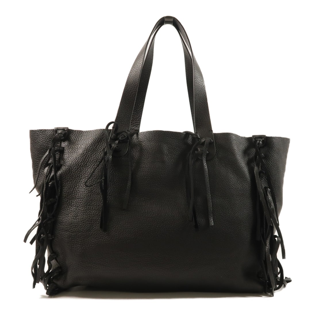 Valentino Rockee Fringe Black Calfskin Tote Bag GHW: Valentino Rockee Fringe Black Calfskin Tote Bag GHW This Valentino Rockee Fringe tote bag is crafted from black calfskin leather and features gold-tone hardware. Designed for women, it offers a spacio