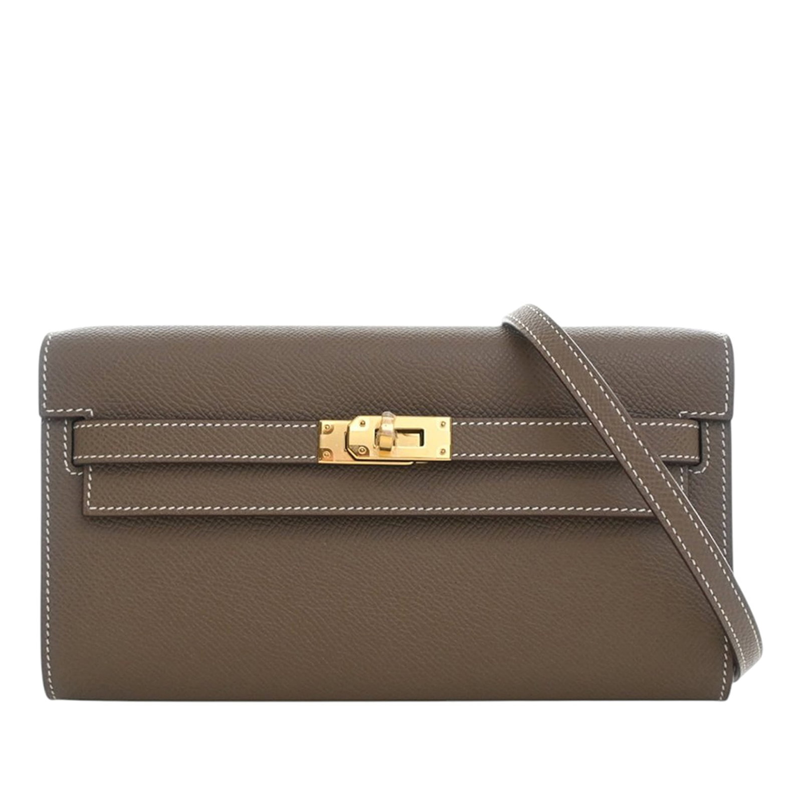 Hermes Etoupe Epsom Leather Kelly To Go Crossbody Wallet: Hermes Etoupe Epsom Leather Kelly To Go Crossbody Wallet This Hermes Epsom Kelly To Go Wallet is crafted from Epsom leather in Etoupe color and features a crossbody design. It comes with a detachable 