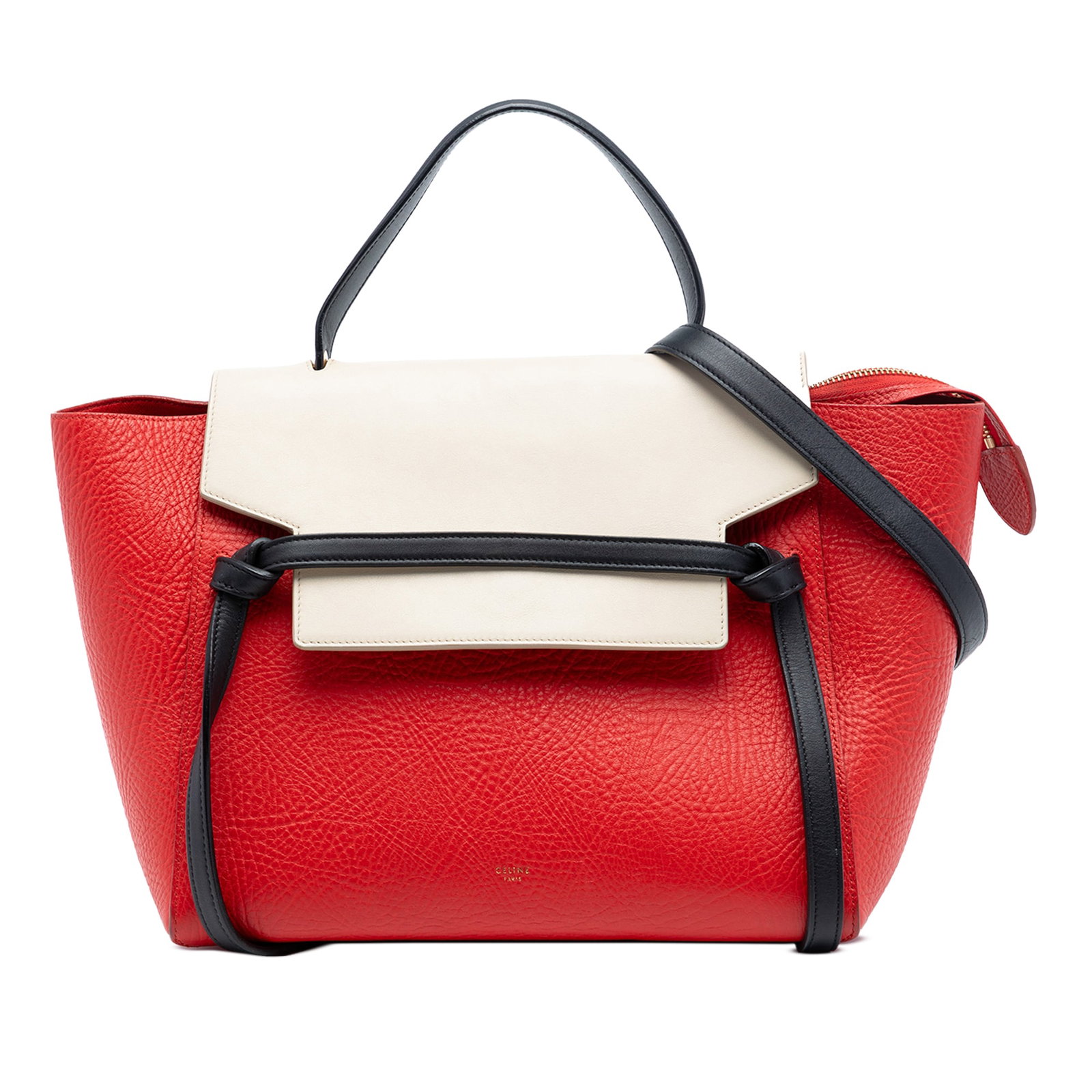 Celine Red Grained Calfskin Mini Belt Bag: Celine Red Grained Calfskin Mini Belt Bag This Celine Mini Tricolor Grained Calfskin Belt Bag is crafted in Italy from grained calf leather and features a structured satchel design. It is equipped wit