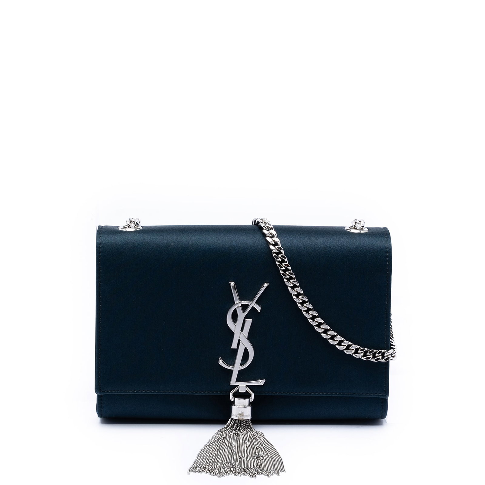 Saint Laurent Kate satin blue crossbody bag tassel chain strap: Saint Laurent Kate satin blue crossbody bag tassel chain strap This Saint Laurent Small Satin Monogram Kate Tassel Crossbody bag features a blue satin body accented with a signature metal YSL logo and