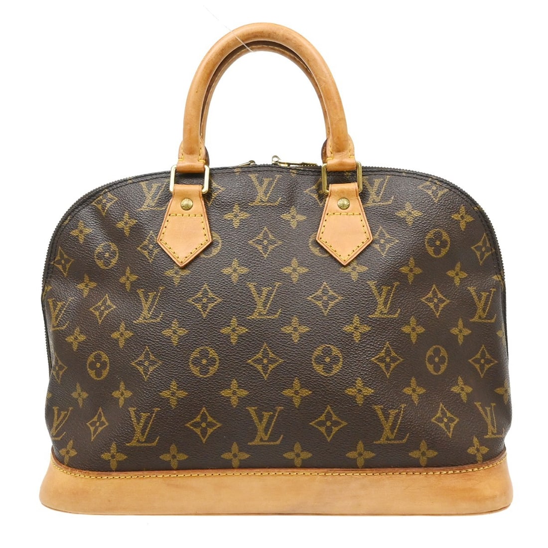 Louis Vuitton Alma Monogram Canvas Handbag M51130: Louis Vuitton Alma Monogram Canvas Handbag M51130 This Louis Vuitton Alma handbag features the iconic monogram canvas exterior with beige double handles and a zip closure. The bag is medium-sized, des