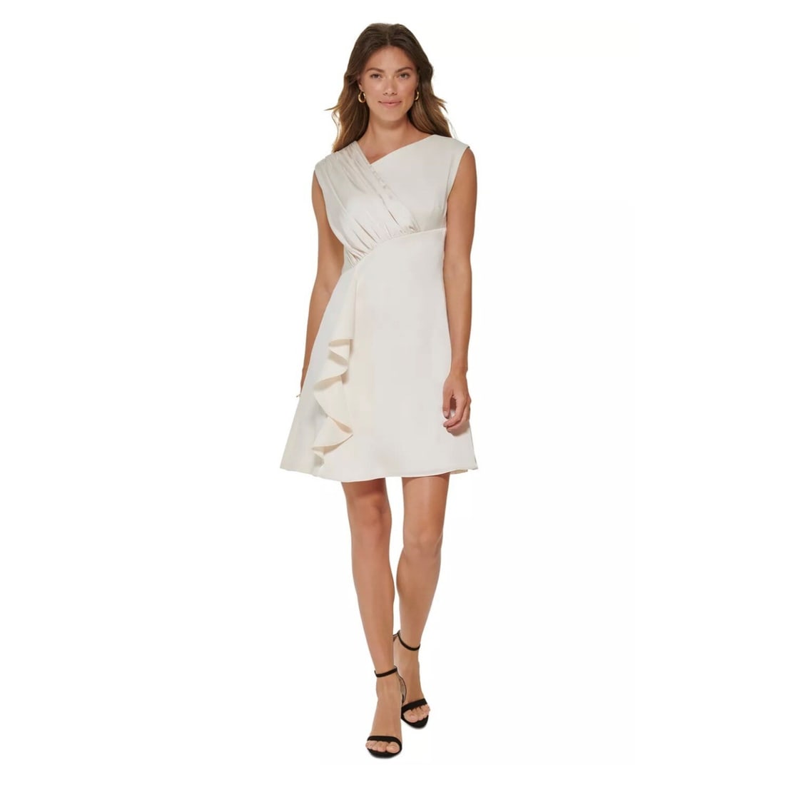 DKNY Asymmetrical Pleated-Bodice Dress Ivory 14 for Formal Events: DKNY Asymmetrical Pleated-Bodice Dress Ivory 14 for Formal Events Elevate your wardrobe with this stunning DKNY Women's Asymmetrical Pleated-Bodice Dress in Buttercream. This formal party dress featur