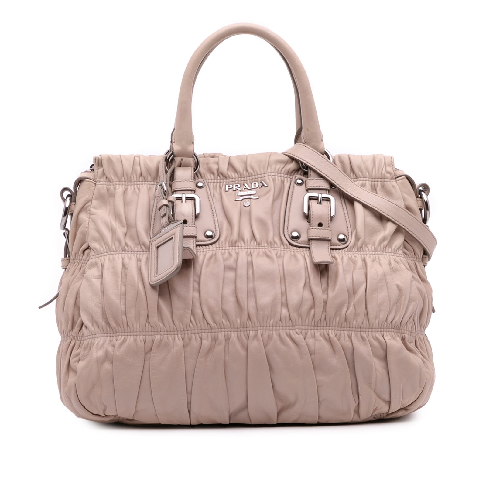 Prada Nappa Gaufre Brown Leather Satchel Bag Italy: Prada Nappa Gaufre Brown Leather Satchel Bag Italy Introducing the Prada Nappa Gaufre Satchel, a stunning accessory that combines style and functionality. This satchel features a gathered leather body