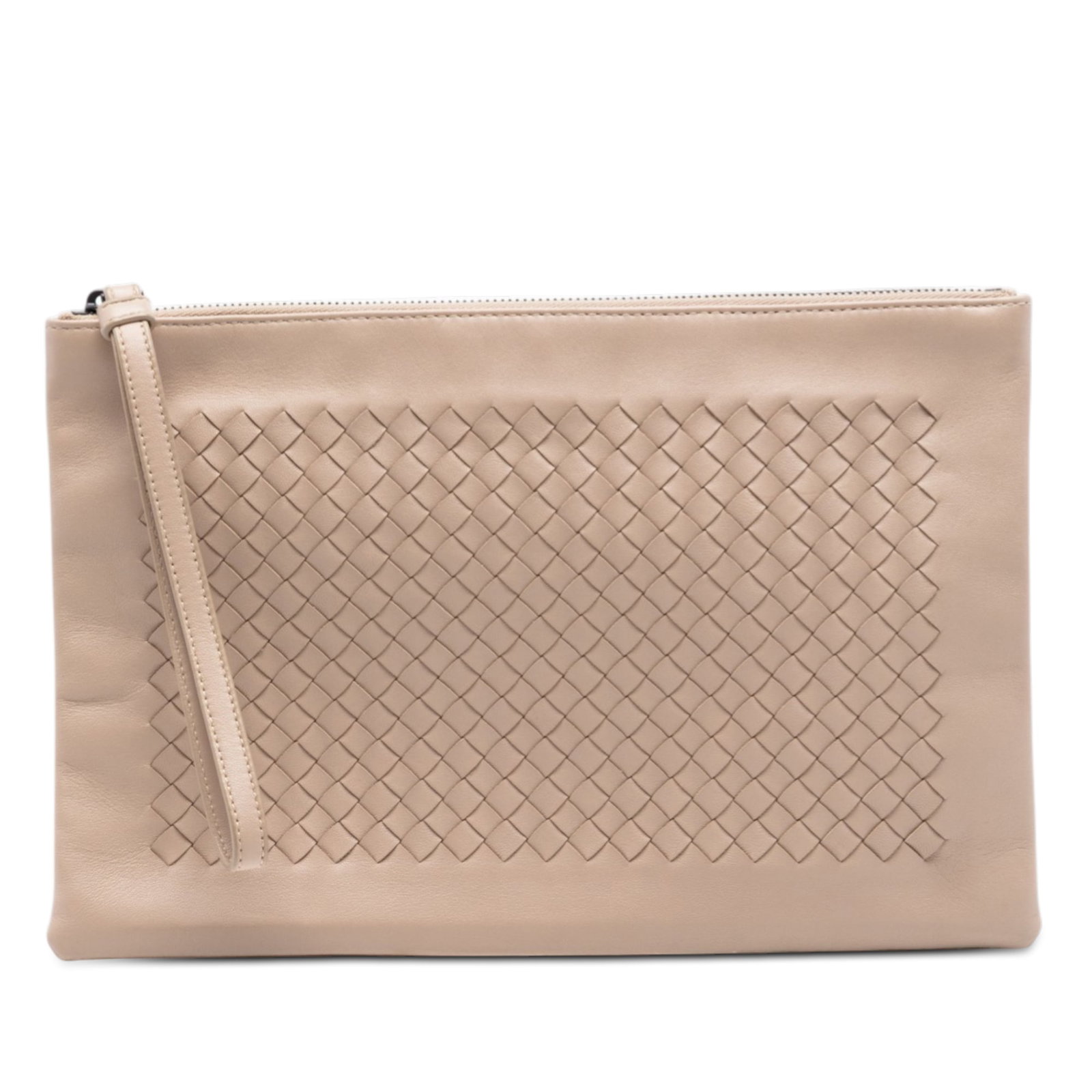 Bottega Veneta woven leather wristlet clutch beige: Bottega Veneta woven leather wristlet clutch beige This Bottega Veneta Nappa Intrecciato wristlet clutch features the brand's signature woven leather design. It includes a flat leather wrist strap and