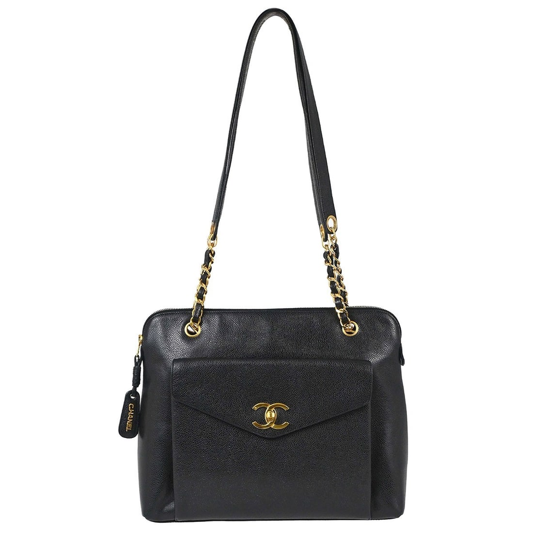 CHANEL Black Calfskin Large Shoulder Strap Bag: CHANEL Black Calfskin Large Shoulder Strap Bag This Chanel black calfskin shoulder bag features a large silhouette with a structured design. Crafted from high-quality leather, it is equipped with a co