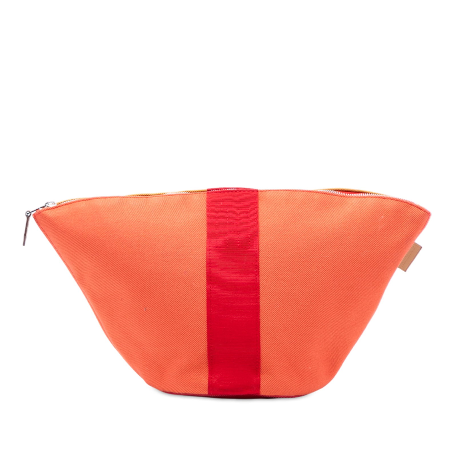 Hermes Orange Mini Toile Palmyre Canvas and Leather Zip Pouch: Hermes Orange Mini Toile Palmyre Canvas and Leather Zip Pouch This pouch features a canvas body with leather trim and a top zip closure. It is crafted in France and comes in an orange color. Please no