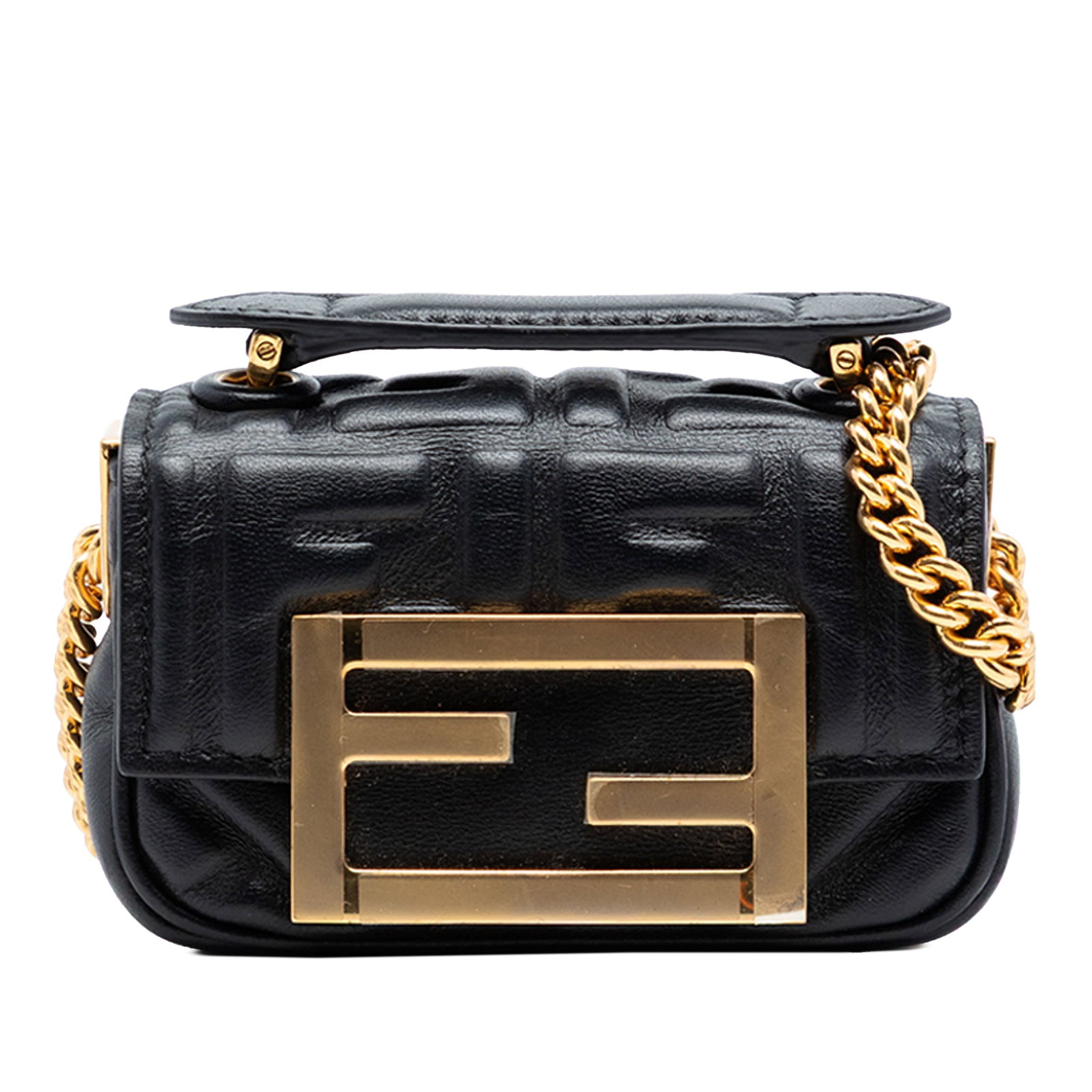 Fendi Nano Zucca Leather Baguette Chain Bag: Fendi Nano Zucca Leather Baguette Chain Bag This Fendi Nano Zucca Baguette Chain Bag showcases an embossed leather exterior in black, complemented by a chain link shoulder strap with a leather shoulde