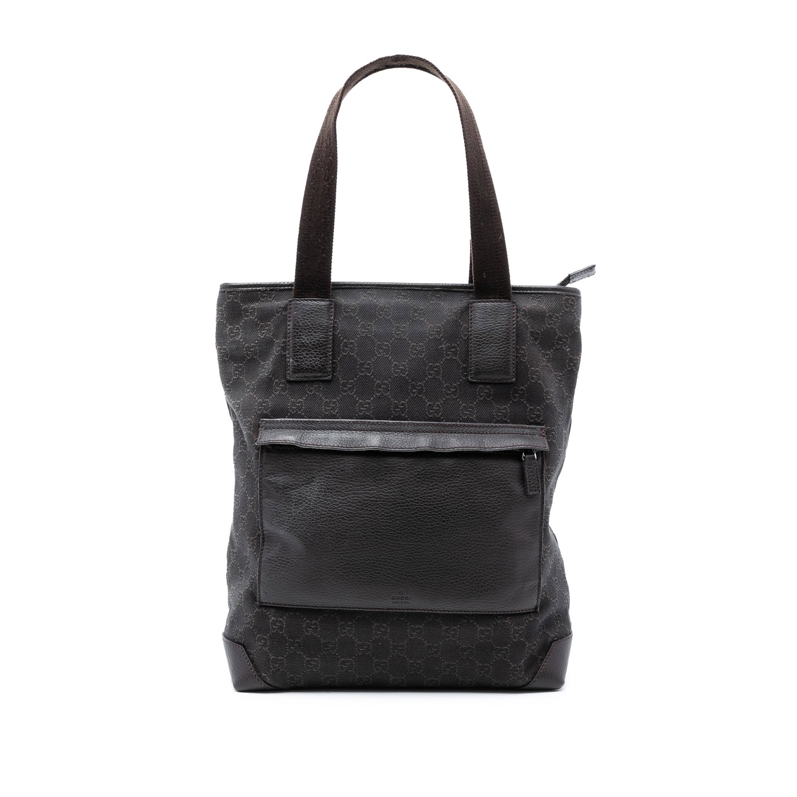 Gucci Tote Bag in Denim Fabric with Leather Accents: Gucci Tote Bag in Denim Fabric with Leather Accents This Gucci GG Denim Tote features a denim body with leather trim, flat leather straps, a top zip closure, an exterior front zip pocket, and an inter