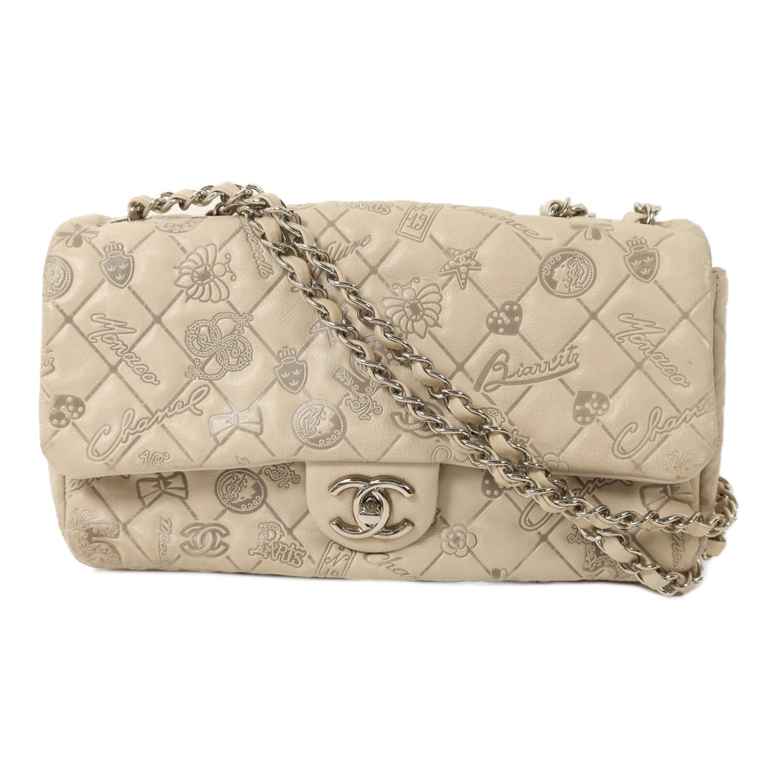CHANEL Beige Calfskin CC Chain Shoulder Bag: CHANEL Beige Calfskin CC Chain Shoulder Bag This CHANEL shoulder bag features a versatile 2-way design and is crafted from beige calfskin leather. The bag offers a timeless look with its signature CC 