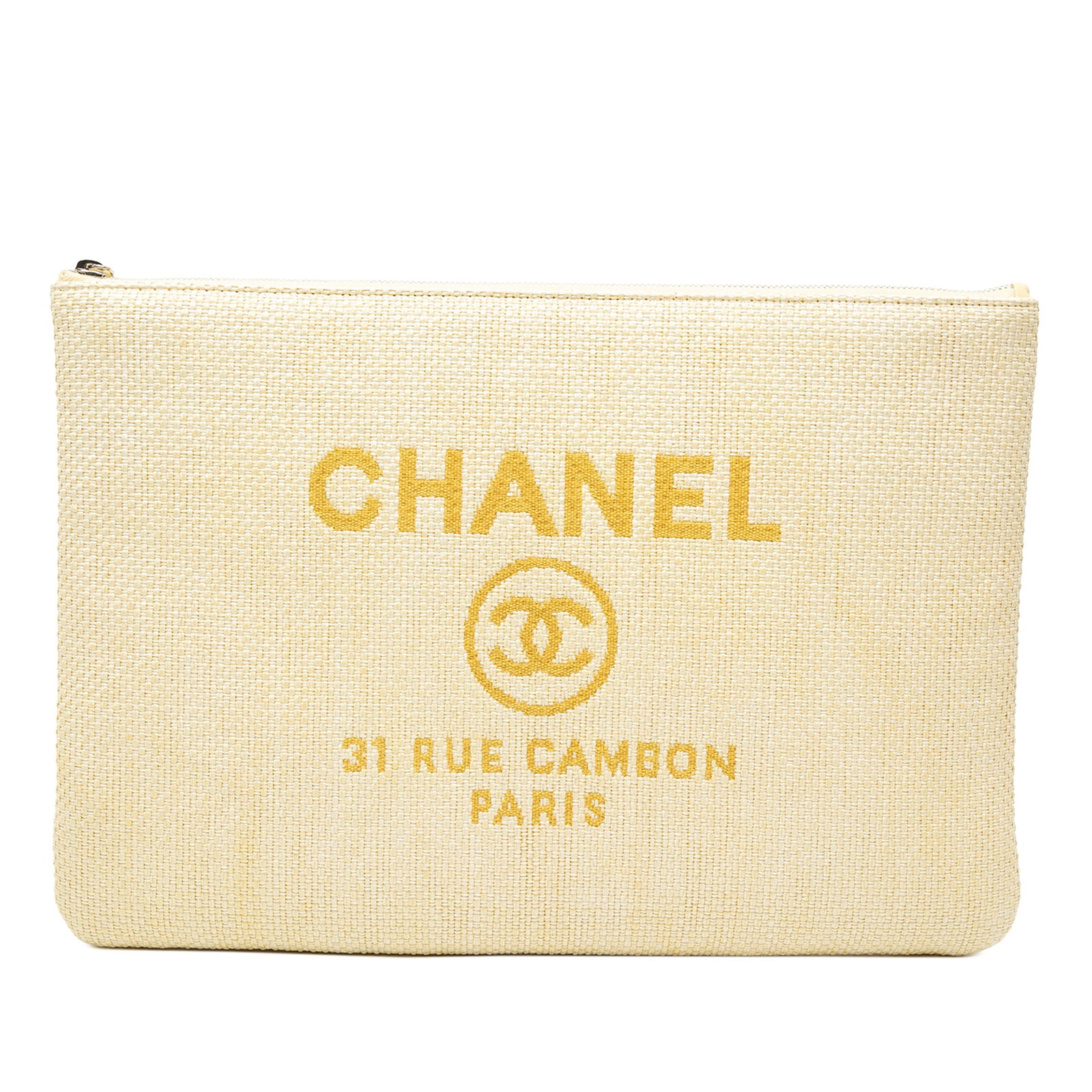 Chanel Yellow Woven Raffia Deauville O Case Clutch: Chanel Yellow Woven Raffia Deauville O Case Clutch This Chanel Large Raffia Deauville O Case Clutch features a woven raffia exterior in yellow with a top zip closure. Made in Italy, the bag shows some