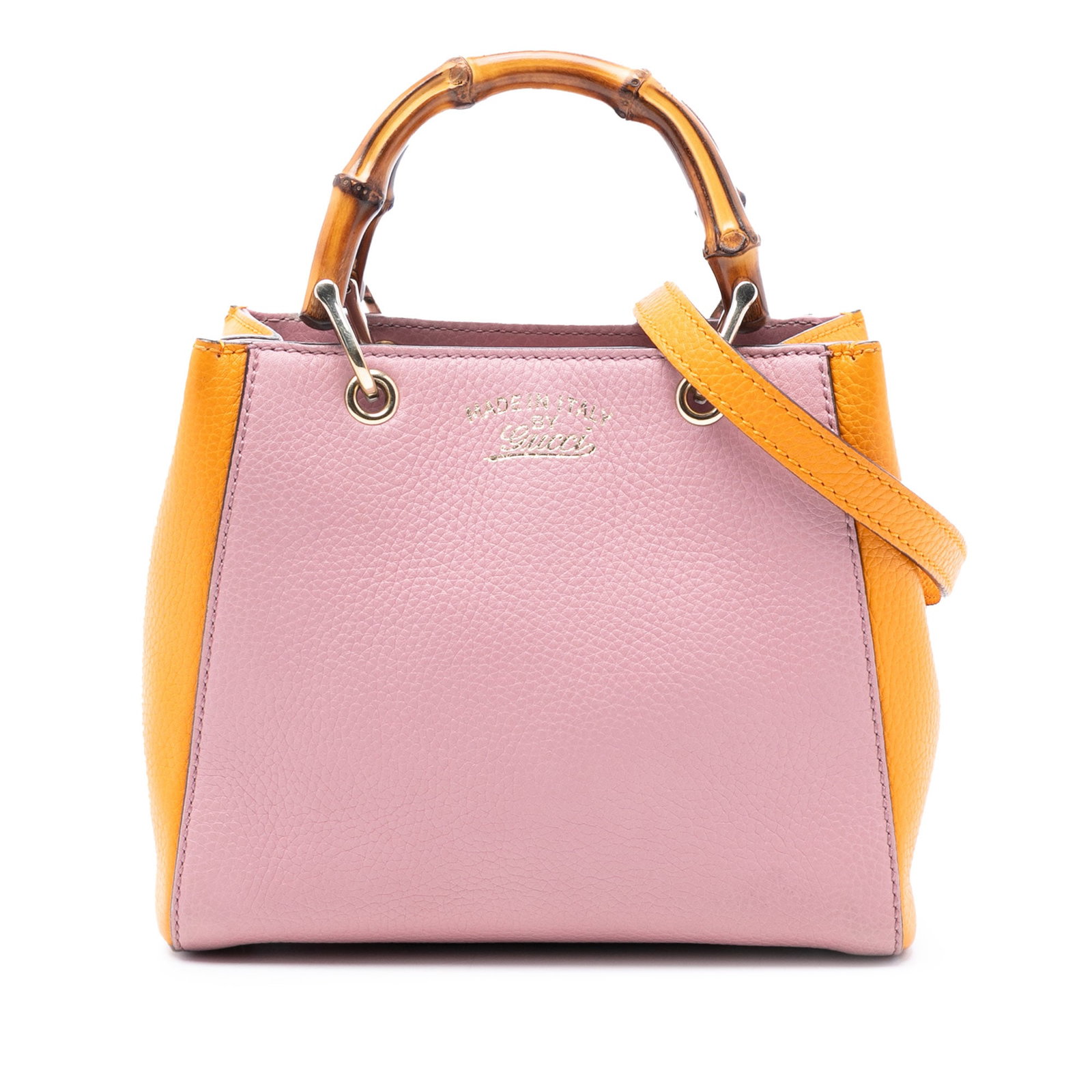 Gucci Pink Leather Mini Bamboo Shopper Satchel: Gucci Pink Leather Mini Bamboo Shopper Satchel This Gucci Mini Bicolor Calfskin Bamboo Shopper Satchel features a leather body with bamboo top handles, a detachable and adjustable flat leather shoulde