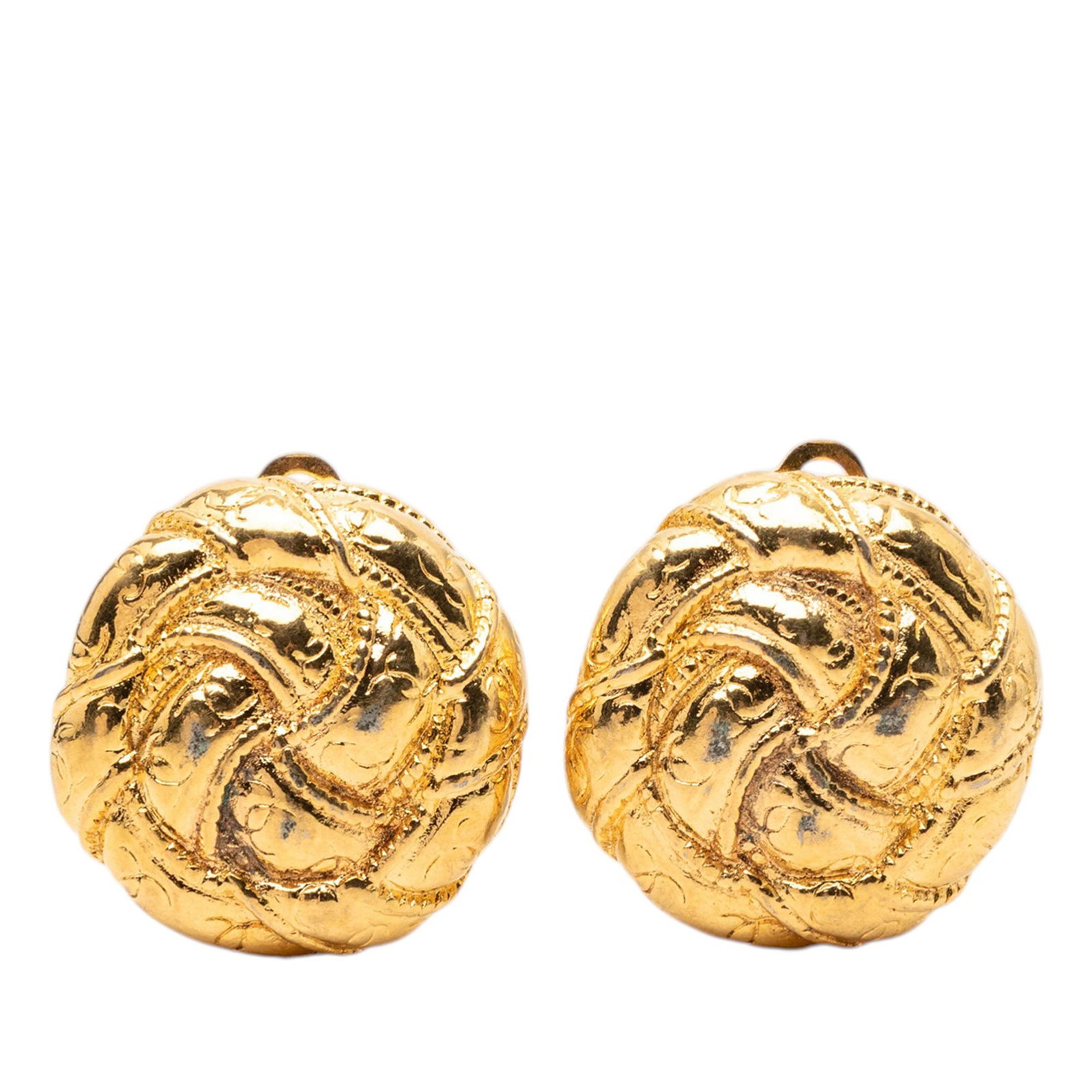 Chanel Gold Tone Metal CC Round Clip Earrings: Chanel Gold Tone Metal CC Round Clip Earrings These Chanel CC round clip-on earrings feature gold-tone metal bodies and secure clip-on closures. Designed as costume jewelry, they are crafted in France
