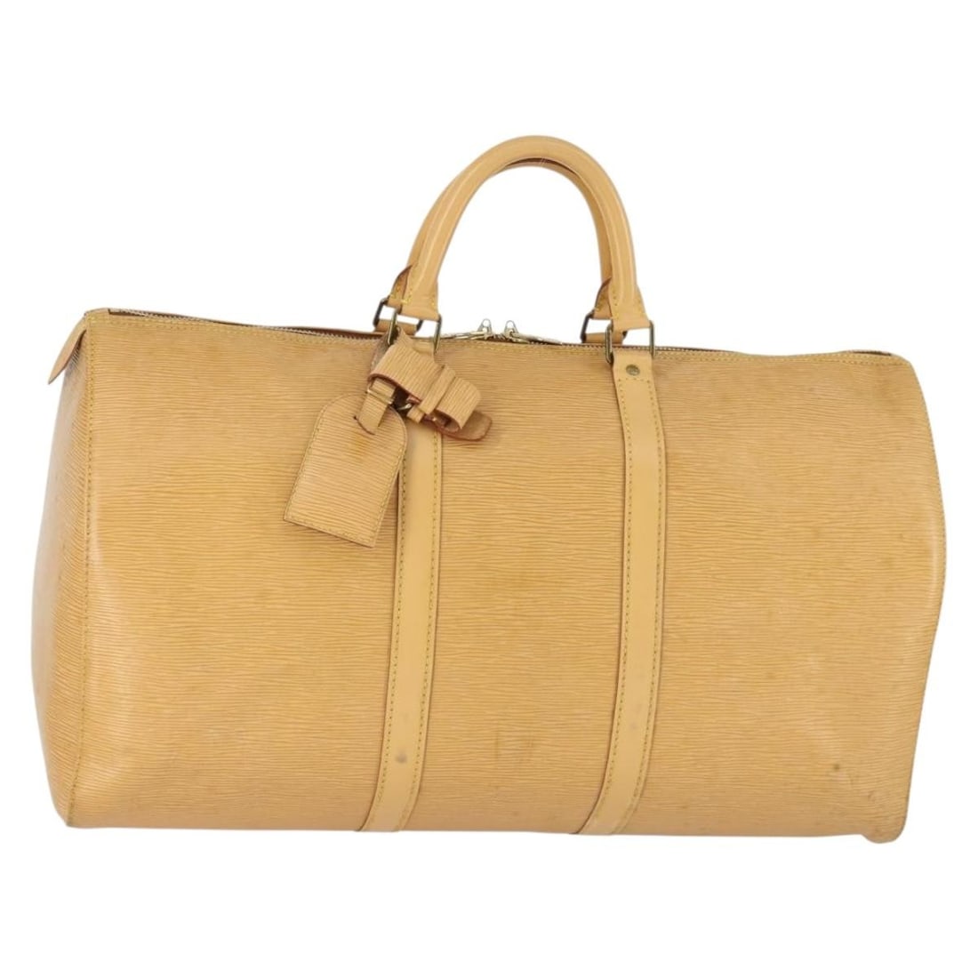Louis Vuitton Epi Leather Keepall Travel Bag Beige 52cm x 30cm x 23cm: Louis Vuitton Epi Leather Keepall Travel Bag Beige 52cm x 30cm x 23cm This Louis Vuitton Keepall Bag is crafted from beige Epi leather and designed for unisex use. Made in France, the bag features vis