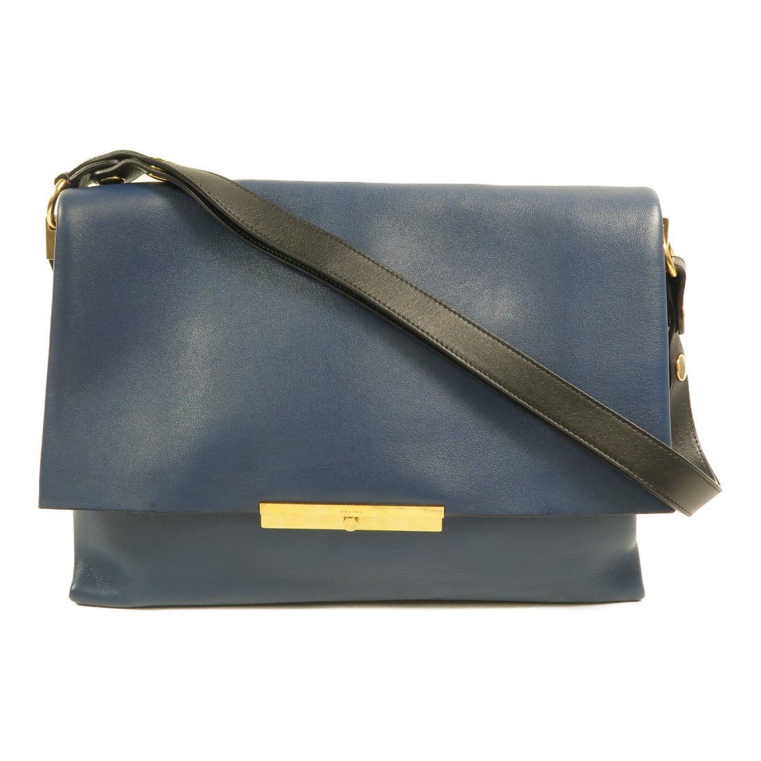 CELINE Blade Flap Shoulder Bag Blue Black Calfskin GHW: CELINE Blade Flap Shoulder Bag Blue Black Calfskin GHW This Celine Blade Flap shoulder bag features a sophisticated design crafted from blue calfskin leather. The bag is accented with gold-tone hardwa