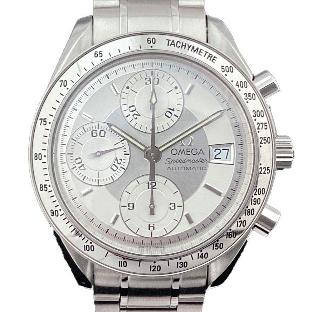 Omega Speedmaster 3513.30 stainless steel automatic wristwatch with box: Omega Speedmaster 3513.30 stainless steel automatic wristwatch with box This OMEGA Speedmaster 3513.30 is an automatic men's wristwatch featuring a stainless steel case and band. The watch has a white