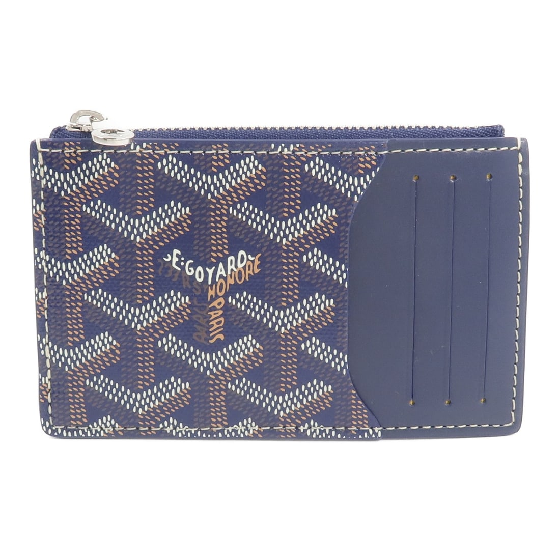 Goyard Navy Zipped Card Case Coated Canvas Calfskin: Goyard Navy Zipped Card Case Coated Canvas Calfskin This Goyard card case features a sophisticated design crafted from PVC coated canvas and calfskin leather in navy and brown. Made in France, it is d