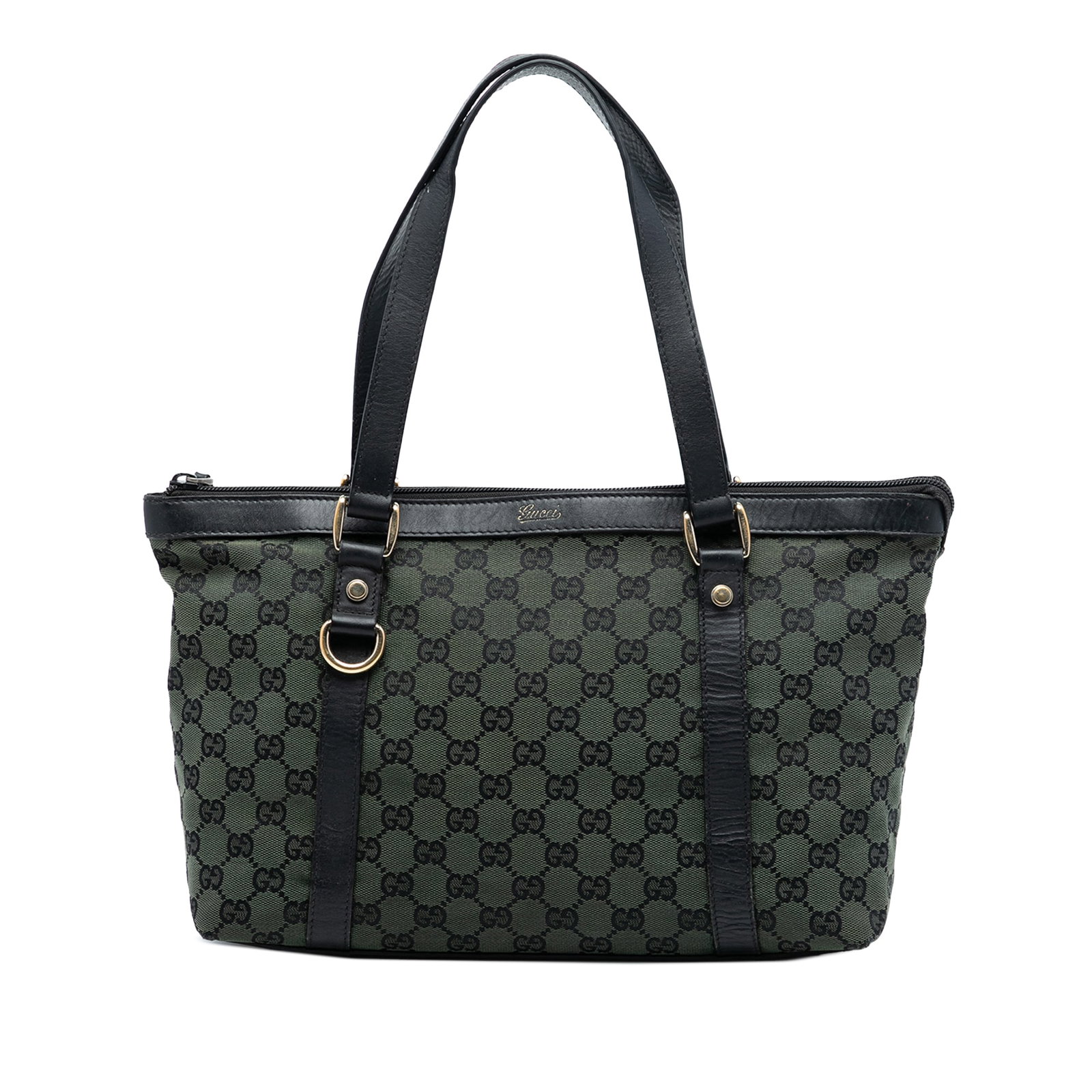 Gucci Abbey D Ring Green Canvas Tote Bag: Gucci Abbey D Ring Green Canvas Tote Bag This Gucci GG Canvas Abbey D Ring Tote features a green canvas body with leather trim, flat leather straps, a top zip closure, and interior zip and slip pocket