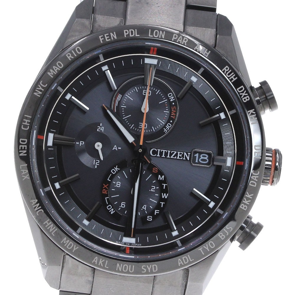 Citizen Attesa Titanium Solar Radio Watch H800-T025871: Citizen Attesa Titanium Solar Radio Watch H800-T025871 This CITIZEN Attesa Eco-Drive men's wristwatch features a titanium case and bracelet with a black dial. The watch is powered by a solar-powered, 