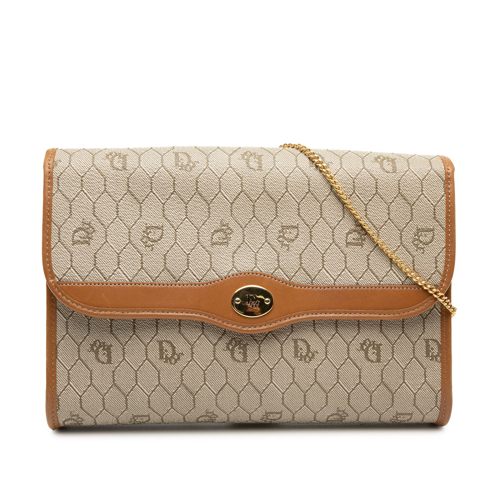 Dior Honeycomb Coated Canvas Beige Chain Crossbody Bag: Dior Honeycomb Coated Canvas Beige Chain Crossbody Bag This Dior Honeycomb Coated Canvas Chain Crossbody bag features a beige coated canvas body with leather trim, complemented by a gold-toned chain s
