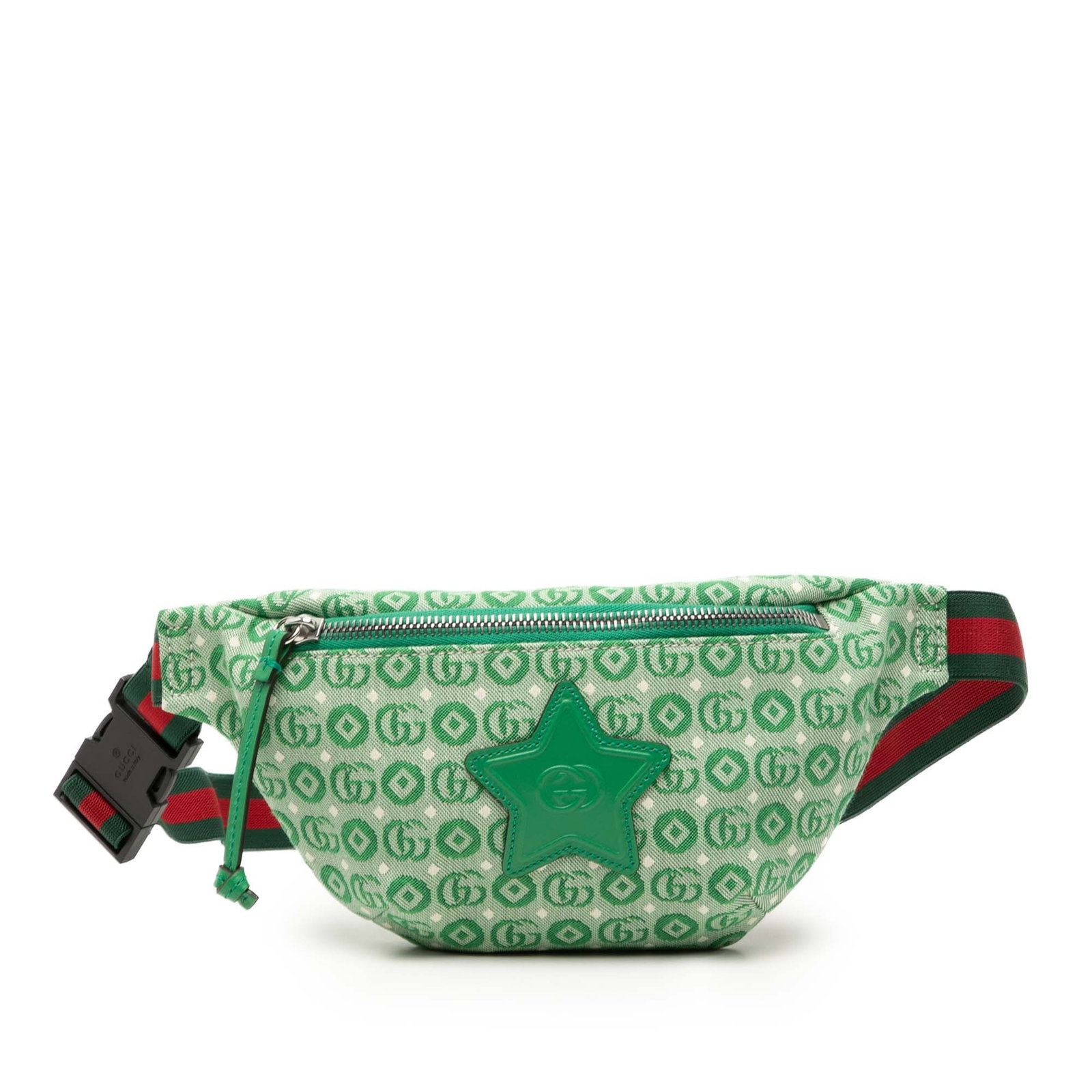 Gucci Kids GG Canvas Star Web Waist Bag Green: Gucci Kids GG Canvas Star Web Waist Bag Green This Gucci Kids GG Canvas Star Web Belt Bag is crafted from printed canvas and features a flat waist strap and a top zip closure. The bag comes in green a