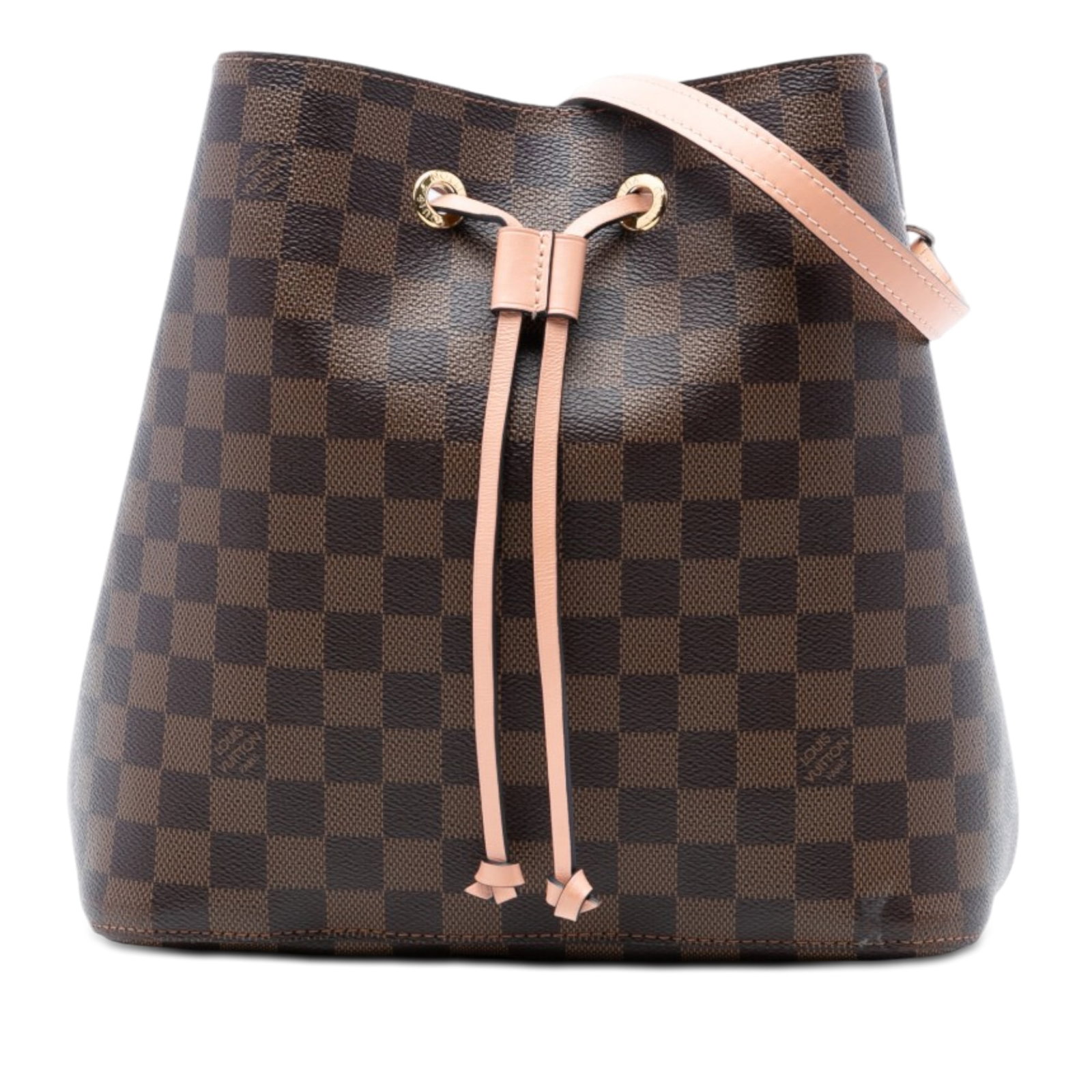 Louis Vuitton NeoNoe MM Damier Ebene Brown Bag: Louis Vuitton NeoNoe MM Damier Ebene Brown Bag This Louis Vuitton Damier Ebene NeoNoe MM features a brown Damier Ebene canvas body, complemented by a flat leather strap and a drawstring closure. The i