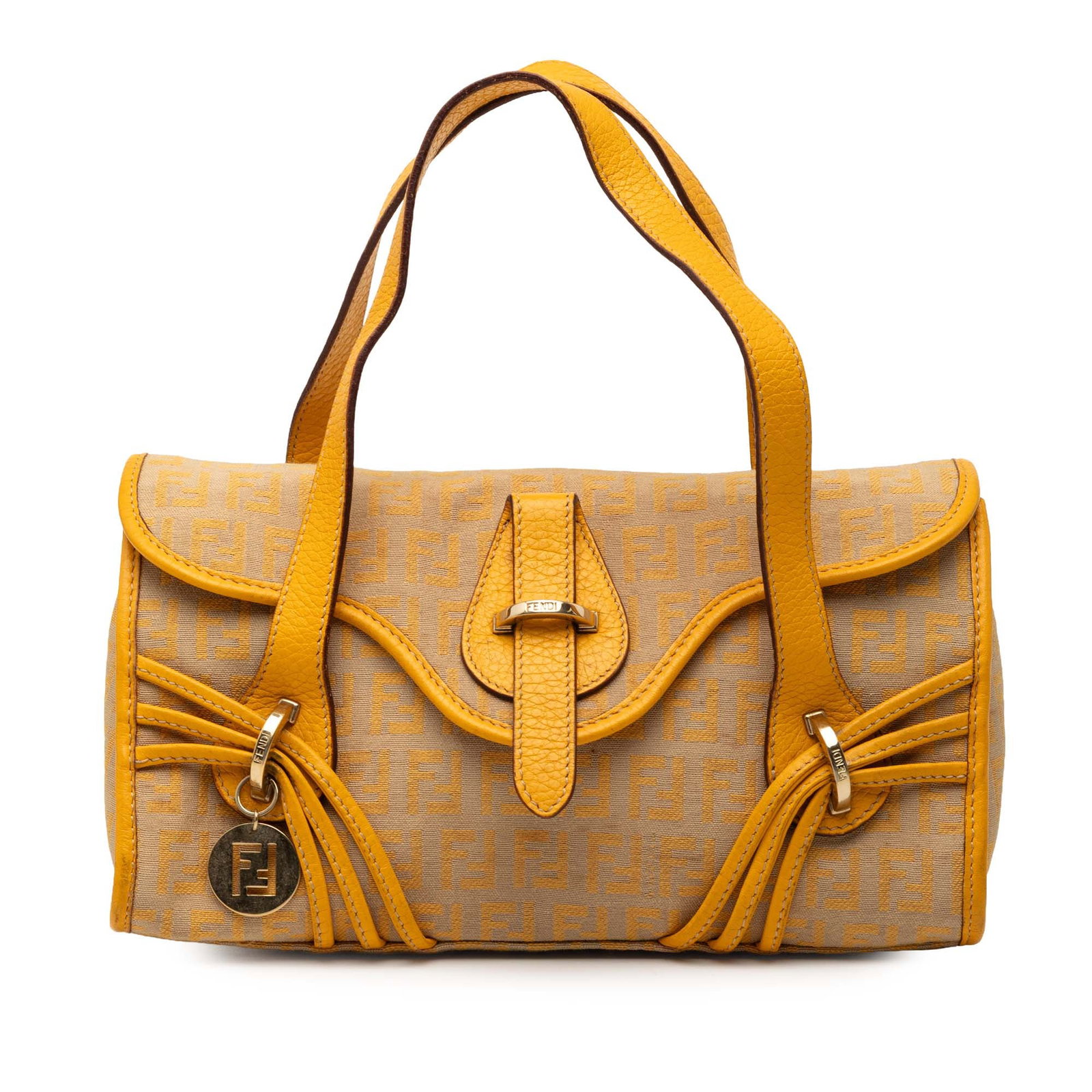 Brown Fendi Zucchino Canvas Bag with Leather Trim and Flap Closure: Brown Fendi Zucchino Canvas Bag with Leather Trim and Flap Closure This Fendi Zucchino Canvas Handbag features a canvas body with leather trim, flat leather handles, a front flap closure, and an inter