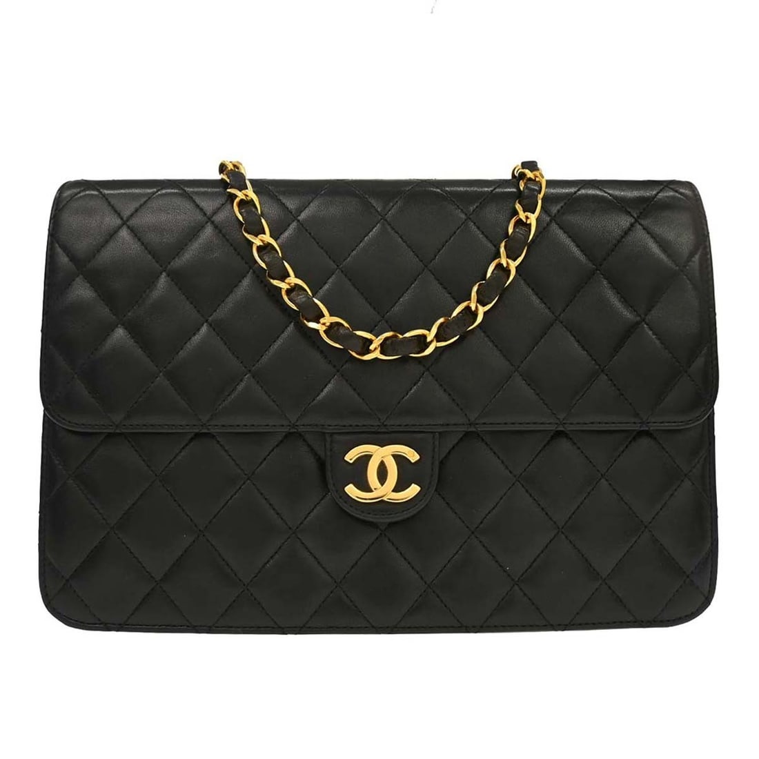 CHANEL Classic Flap black lambskin medium shoulder bag turn lock: CHANEL Classic Flap black lambskin medium shoulder bag turn lock This Chanel shoulder bag is crafted from black lambskin leather and features a medium-sized, classic single flap design. It is equipped
