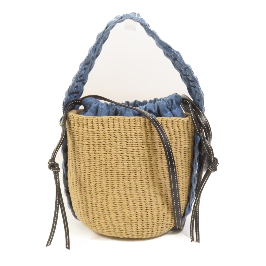 Chloe Woody Small Raffia Denim Tote Shoulder Bag Brown Blue (1 of 13)