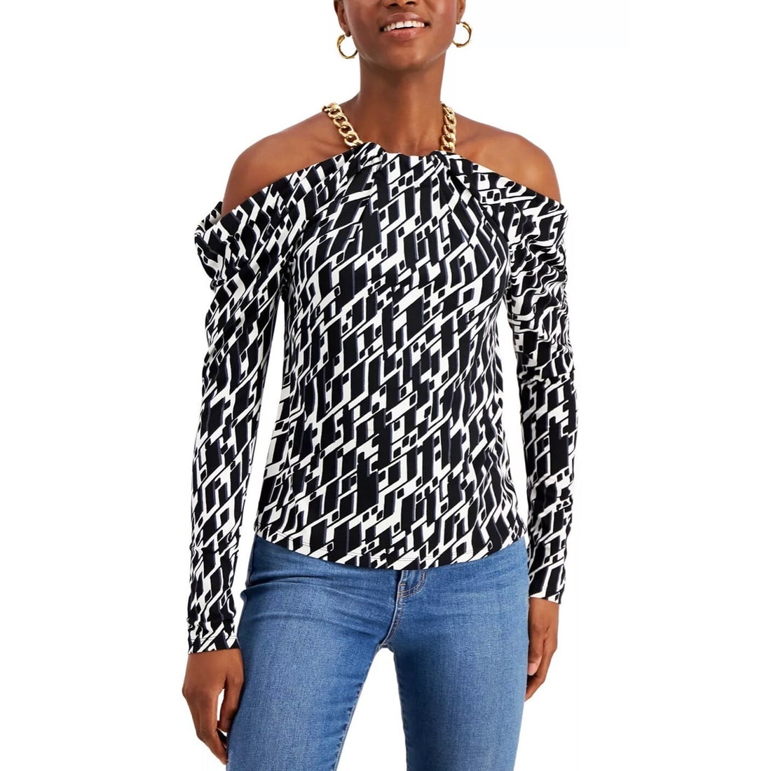 INC International Concepts Black Chain-Strap Blouse with Cold-Shoulder Cutouts M: INC International Concepts Black Chain-Strap Blouse with Cold-Shoulder Cutouts M Elevate your style with this eye-catching Printed Chain-Strap Top from INC International Concepts. This blouse features