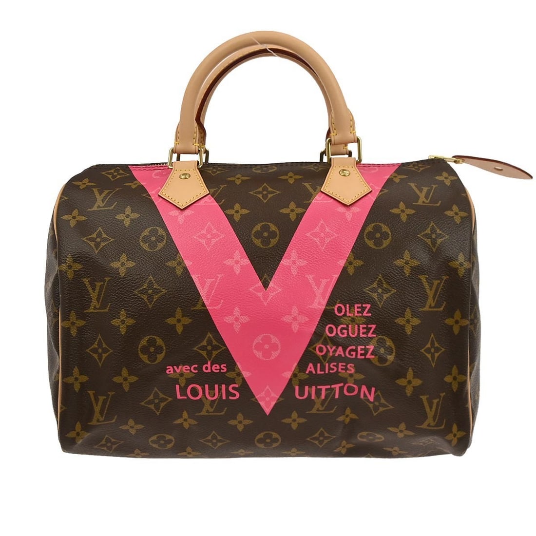 Louis Vuitton Speedy 30 Monogram V Pink Canvas Leather Satchel M41533: Louis Vuitton Speedy 30 Monogram V Pink Canvas Leather Satchel M41533 This Louis Vuitton Speedy 30 handbag features the iconic Monogram V pattern in pink, crafted from leather monogram canvas with bei