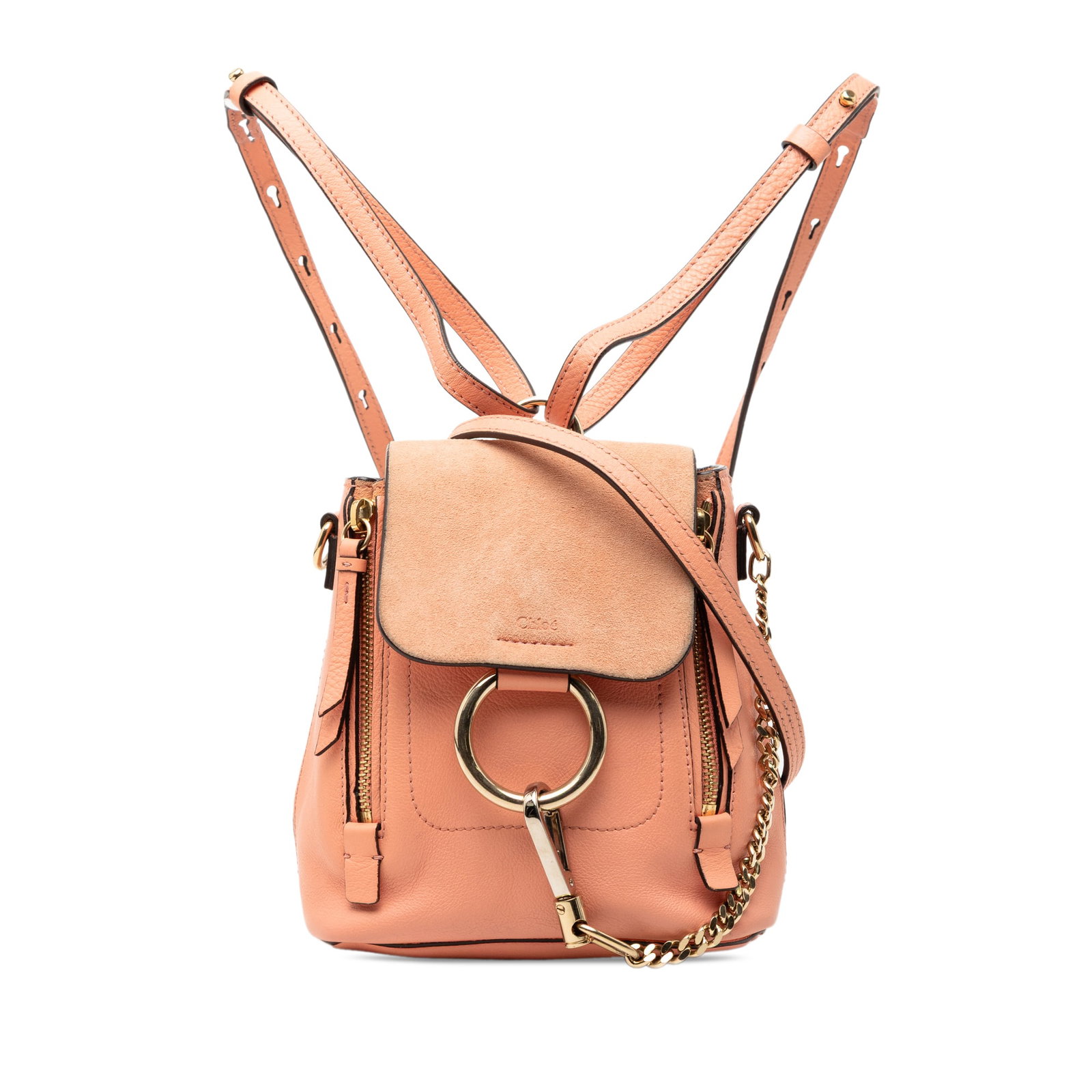 Chloe Faye Mini Pink Leather and Suede Convertible Backpack: Chloe Faye Mini Pink Leather and Suede Convertible Backpack This Chloe Mini Faye backpack features a leather body with zip details, adjustable flat back straps, a detachable shoulder strap, and a sued