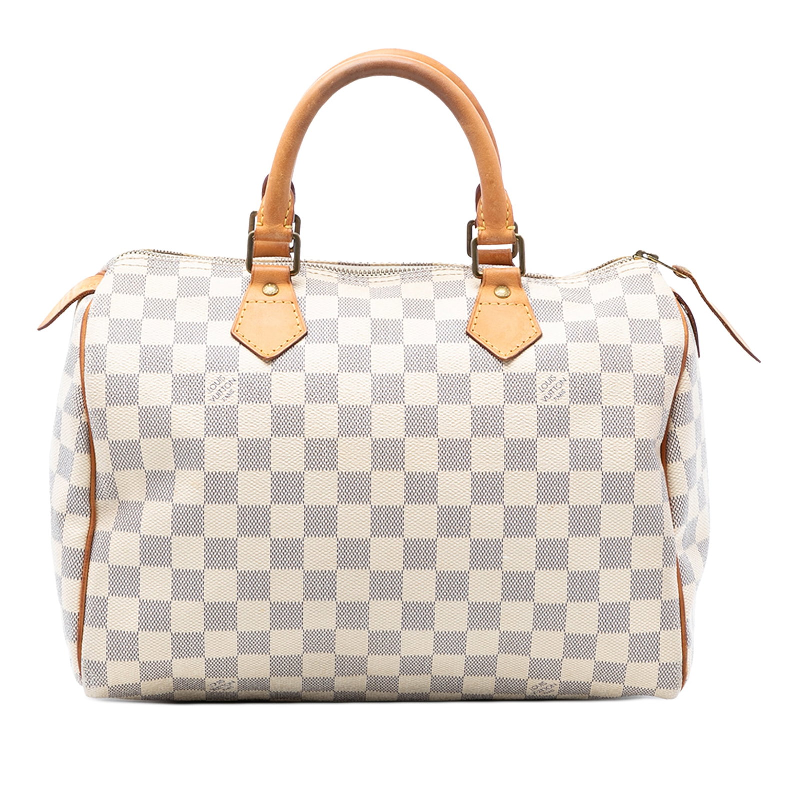 Louis Vuitton Damier Azur Speedy 30 White Fabric Bag: Louis Vuitton Damier Azur Speedy 30 White Fabric Bag This Louis Vuitton Damier Azur Speedy 30 features the iconic Damier canvas body, complemented by rolled vachetta leather handles. It is designed wi