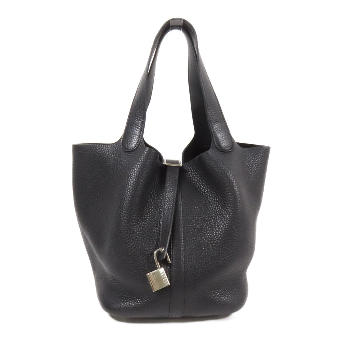 Hermes Picotin MM black Clemence leather bucket handbag: Hermes Picotin MM black Clemence leather bucket handbag This Hermes Picotin MM handbag features a bucket tote design crafted from Clemence calfskin leather in a classic black color. It is designed for