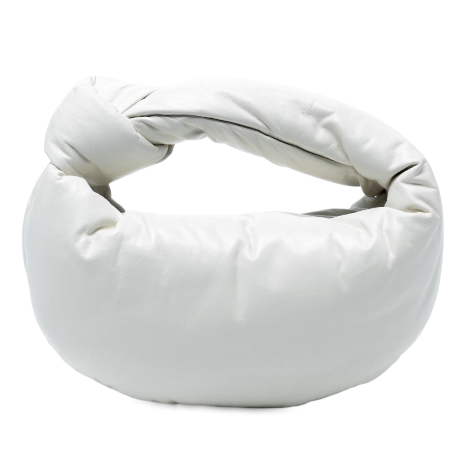 Bottega Veneta White Mini Nappa Puffy Jodie Bag: Bottega Veneta White Mini Nappa Puffy Jodie Bag Introducing the elegant Mini Nappa Puffy Jodie bag by Bottega Veneta, meticulously crafted in Italy. This stylish bag features a plush nappa leather bod