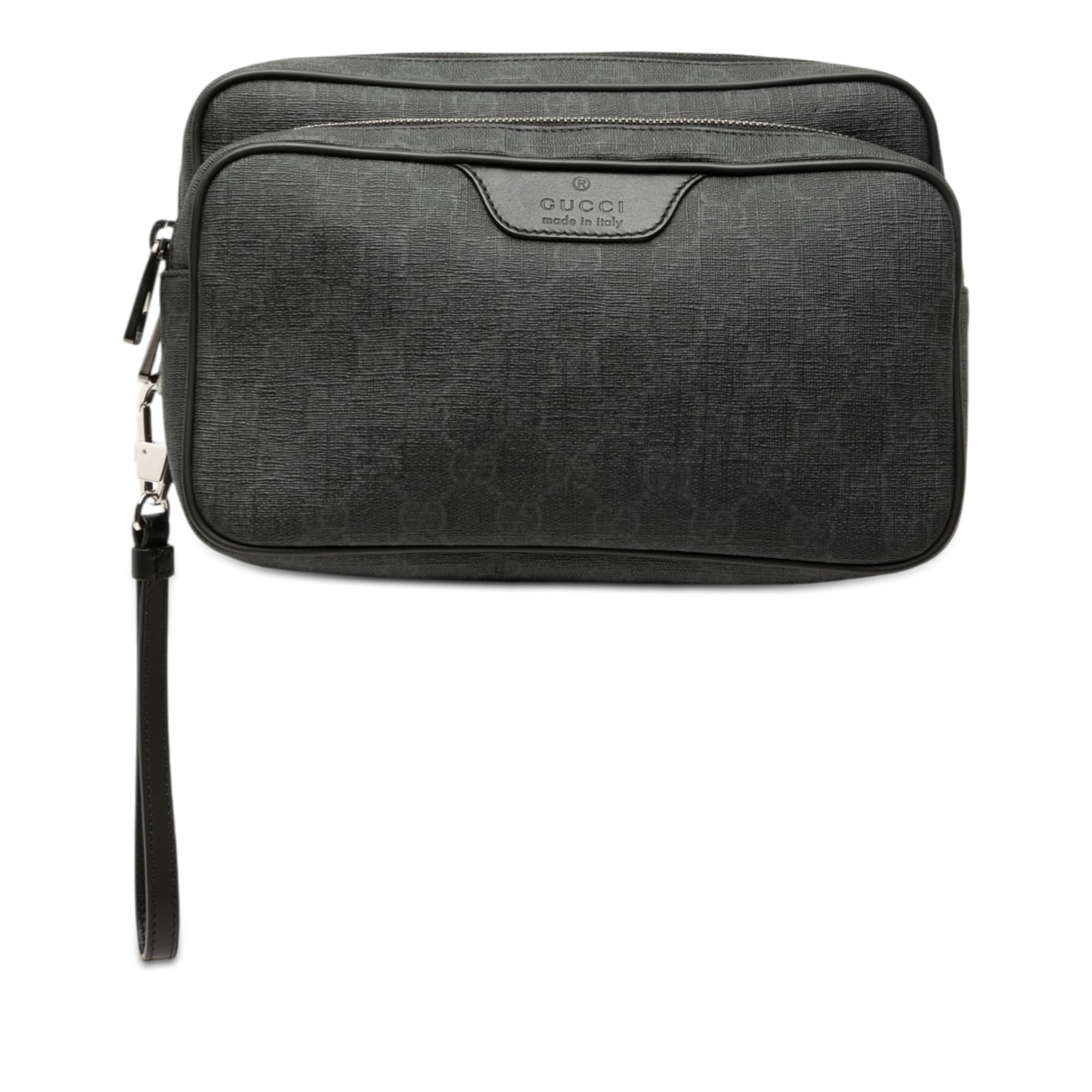 Gucci black coated canvas wristlet clutch GG Supreme: Gucci black coated canvas wristlet clutch GG Supreme This Gucci GG Supreme Clutch is crafted from coated canvas with leather trim and features a detachable flat leather wrist strap. The clutch is desi