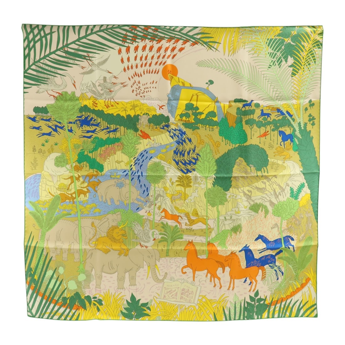 Hermes Silk 90x90cm Green Multicolor Women Scarf: Hermes Silk 90x90cm Green Multicolor Women Scarf This Hermes scarf is crafted from luxurious silk and features a vibrant green and multicolor design. Made in France, it is designed for women and offer