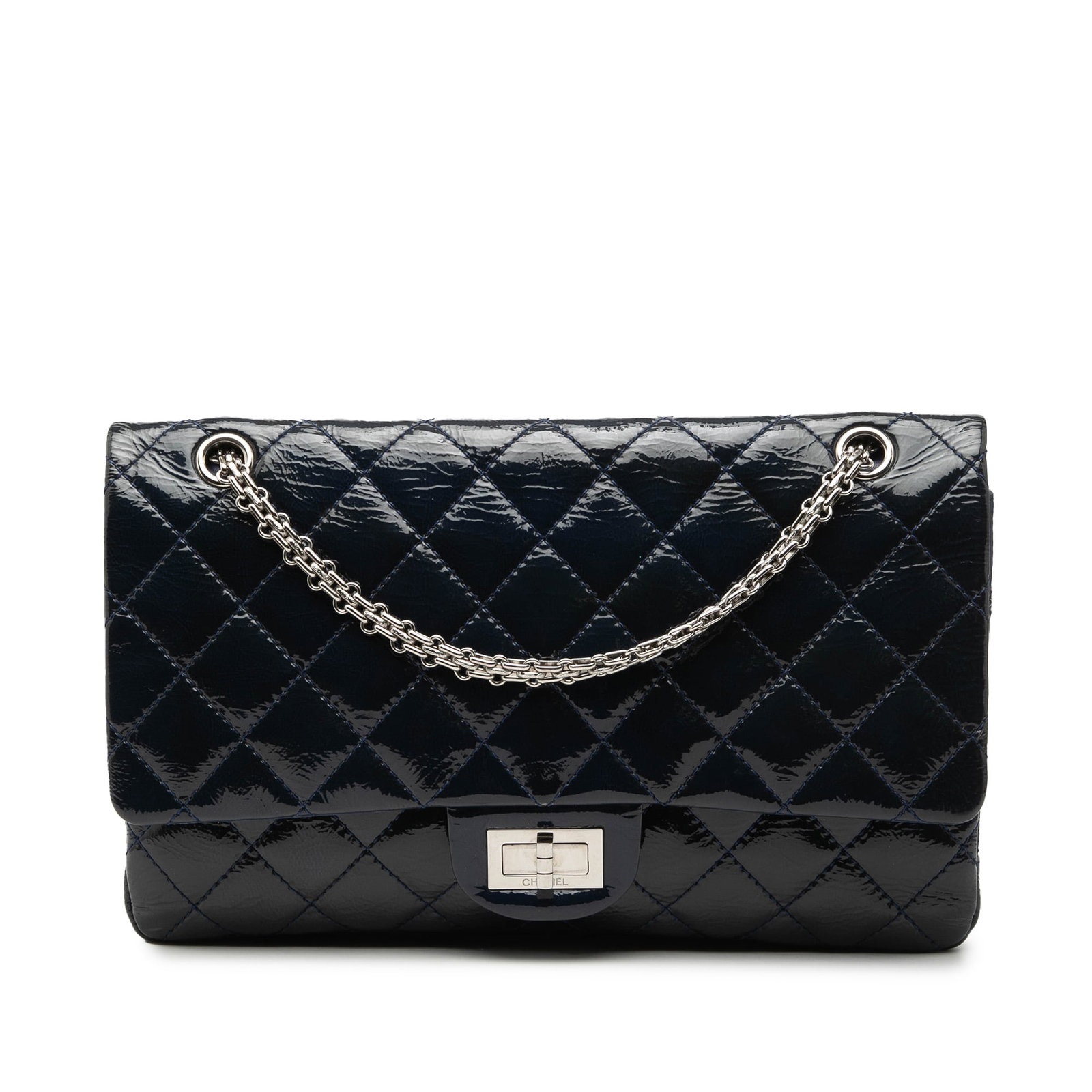 Chanel Reissue 2.55 227 Blue Quilted Patent Shoulder Bag: Chanel Reissue 2.55 227 Blue Quilted Patent Shoulder Bag This Chanel Quilted Distressed Patent Reissue 2.55 Double Flap 227 shoulder bag is crafted from quilted patent leather in blue and features sil