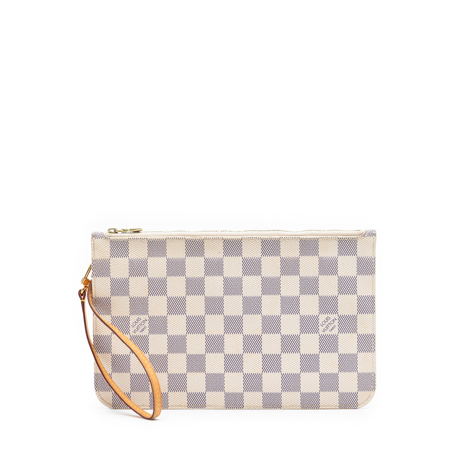 Louis Vuitton Damier Azur pouch with wrist strap: Louis Vuitton Damier Azur pouch with wrist strap This Louis Vuitton Damier Azur Neverfull MM Pouch features the iconic Damier Azur canvas, complemented by a detachable flat vachetta leather wrist stra