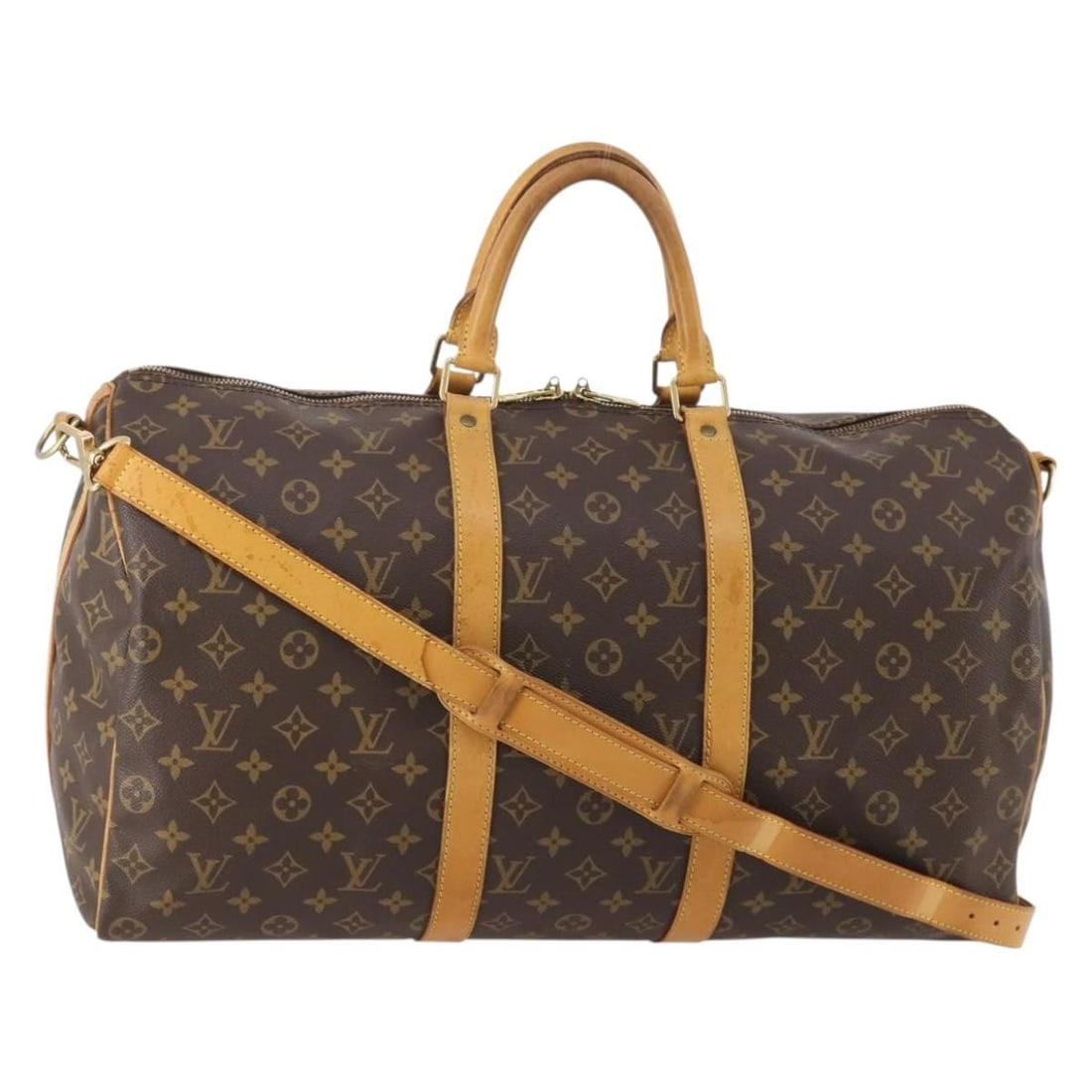 Louis Vuitton Keepall Bandouliere Monogram Canvas Travel Bag 50cm: Louis Vuitton Keepall Bandouliere Monogram Canvas Travel Bag 50cm This Louis Vuitton Keepall Bandouliere Bag features the iconic monogram canvas in brown, designed for unisex use. The bag shows signs 
