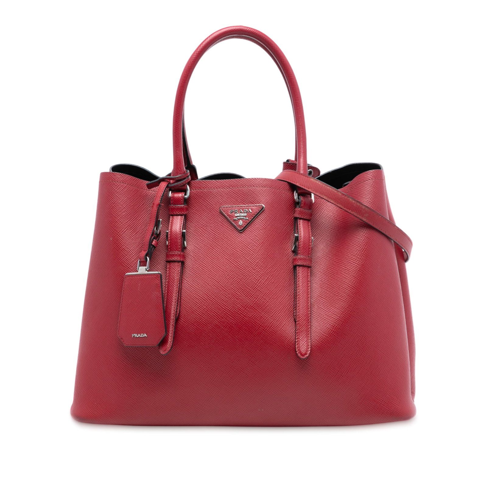Prada Medium Saffiano Leather Satchel with Double Handles and Shoulder Strap: Prada Medium Saffiano Leather Satchel with Double Handles and Shoulder Strap This Prada Medium Saffiano Cuir Double Handle Satchel is crafted from red saffiano leather and features rolled leather top 